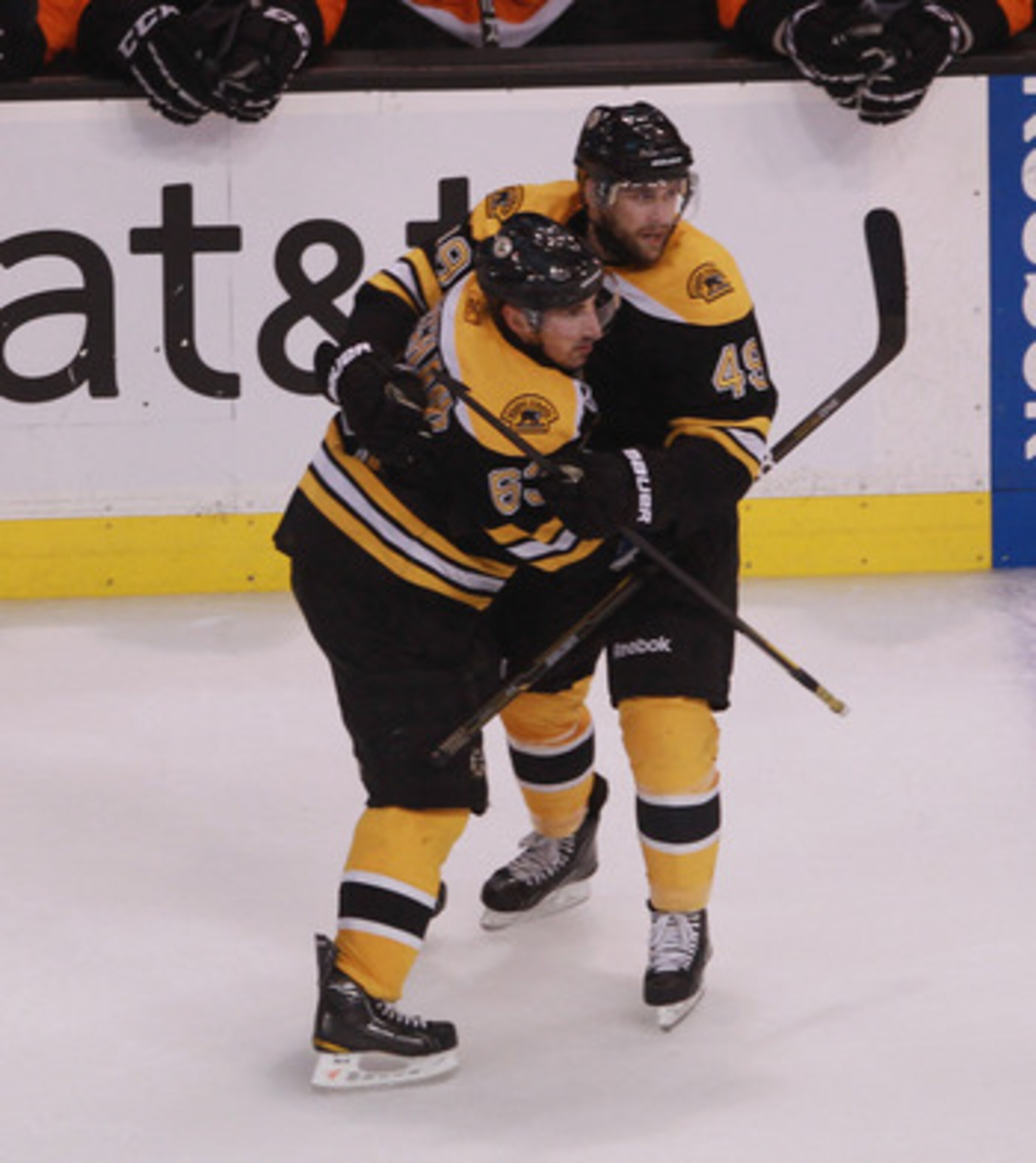 BOSTON, MA - MAY 06: Brad Marchand #63 and Rich Peverley #49 of the Boston Bruins celebrate Marchand's empty net goal at 18:04 of the third period in Game Four of the Eastern Conference Semifinals during the 2011 NHL Stanley Cup Playoffs at TD Garden on M