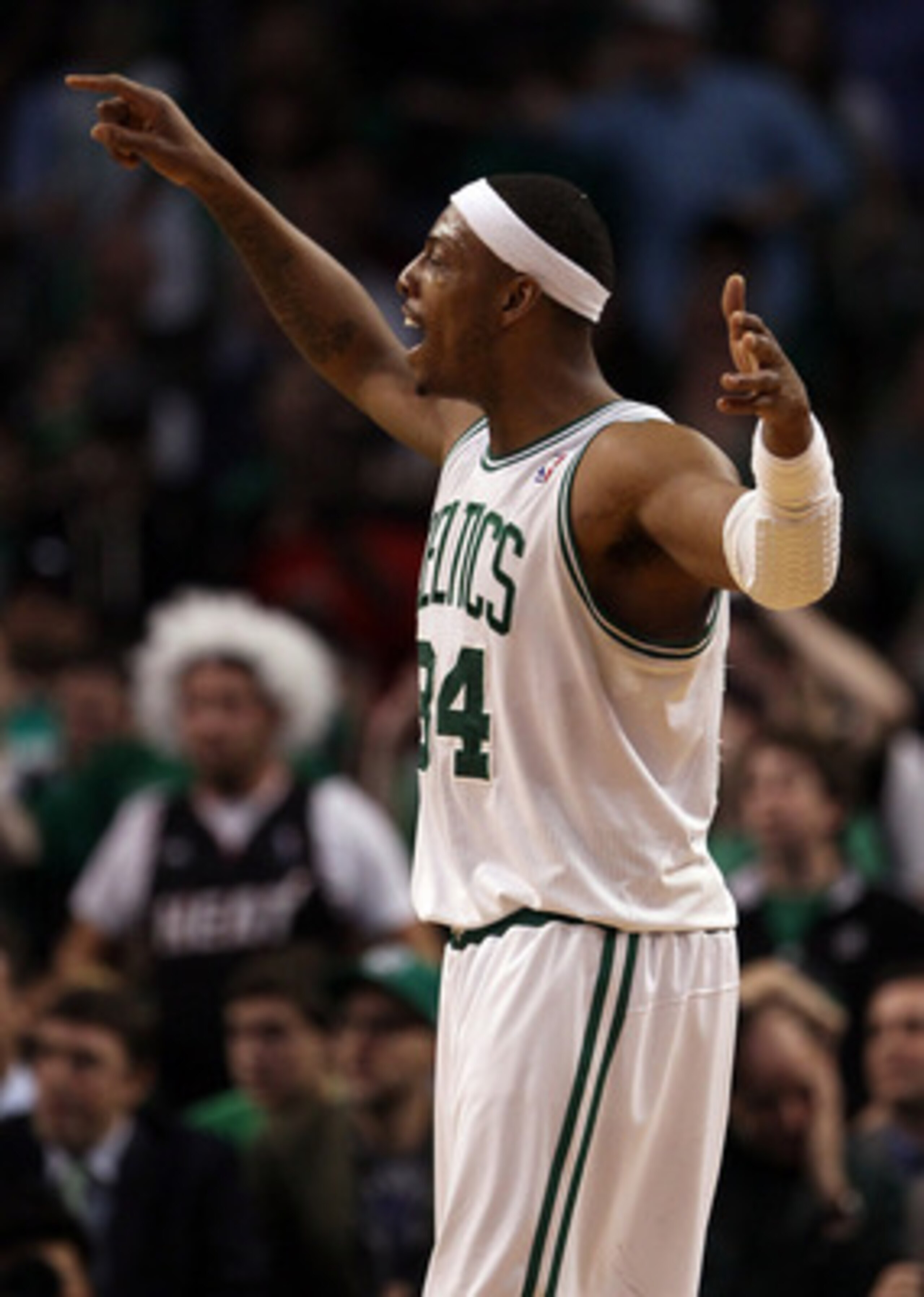 BOSTON, MA - MAY 09:  Paul Pierce #34 of the Boston Celtics reacts at the end of regulation in Game Four of the Eastern Conference Semifinals in the 2011 NBA Playoffs on May 9, 2011 at the TD Garden in Boston, Massachusetts.  The Miami Heat defeated the B