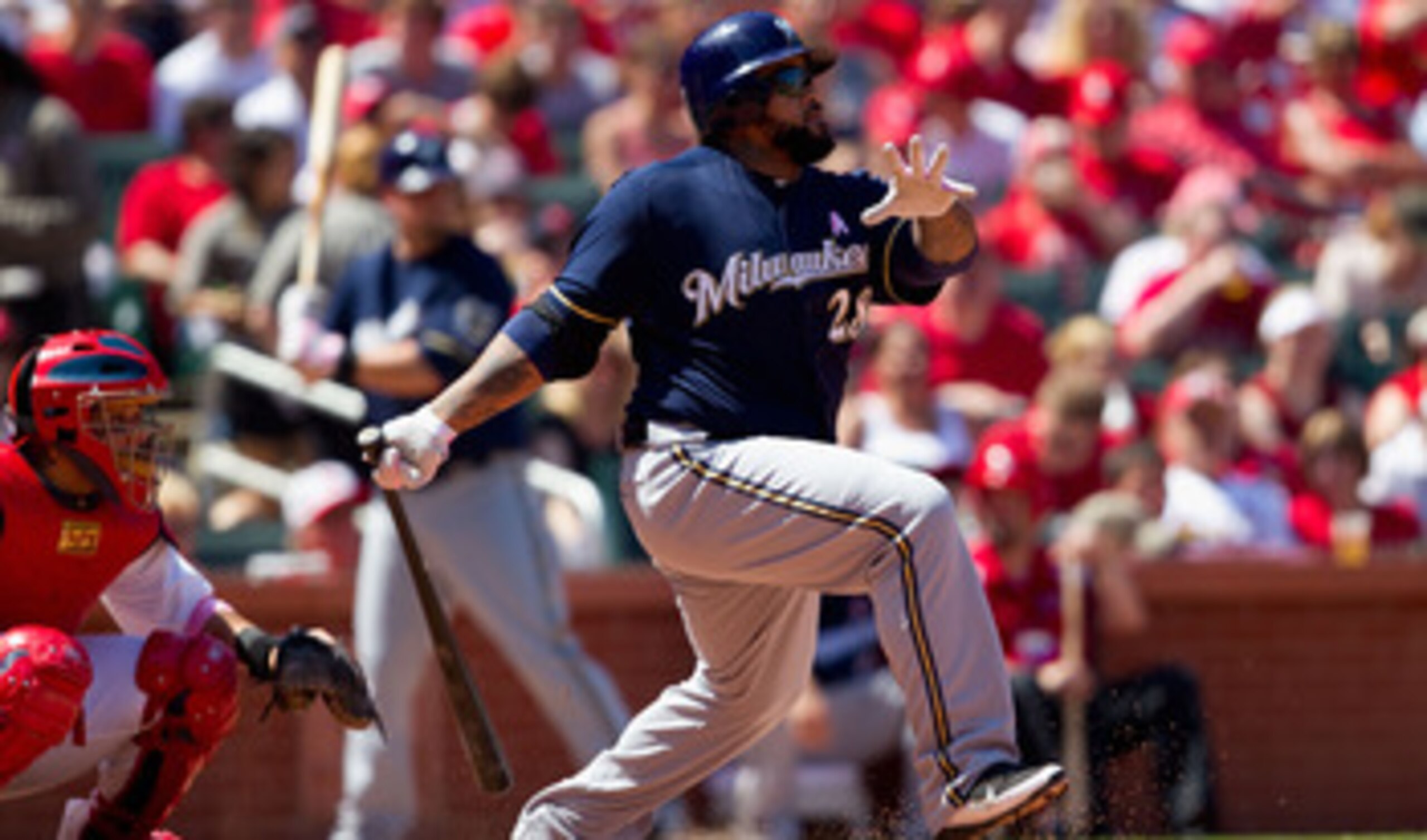 ST. LOUIS, MO - MAY 8: Prince Fielder #28 of the Milwaukee Brewers hits a single against the St. Louis Cardinals at Busch Stadium on May 8, 2011 in St. Louis, Missouri. (Photo by Dilip Vishwanat/Getty Images) ST. LOUIS, MO - MAY 8: Prince Fielder #28 of the Milwaukee Brewers hits a single against the St. Louis Cardinals at Busch Stadium on May 8, 2011 in St. Louis, Missouri. (Photo by Dilip Vishwanat/Getty Images)