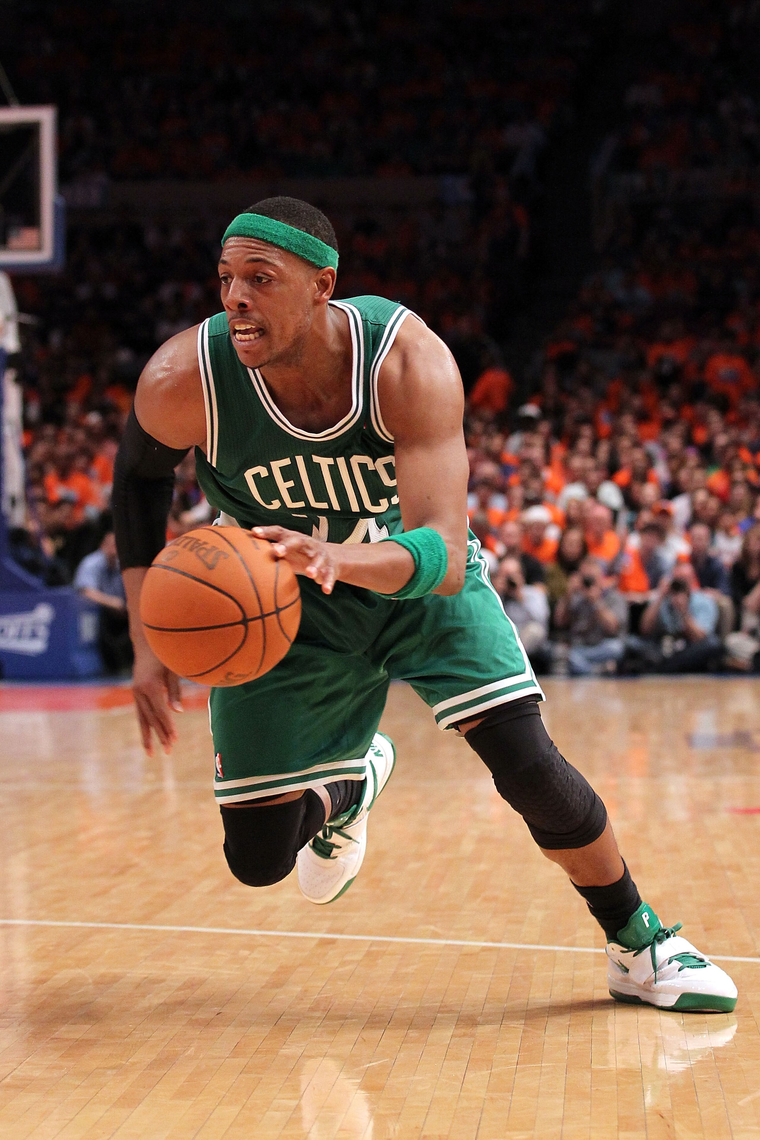 NEW YORK, NY - APRIL 24: Paul Pierce #34 of the Boston Celtics drives against the New York Knicks  in Game Four of the Eastern Conference Quarterfinals during the 2011 NBA Playoffs on April 24, 2011 at Madison Square Garden in New York City. NOTE TO USER: