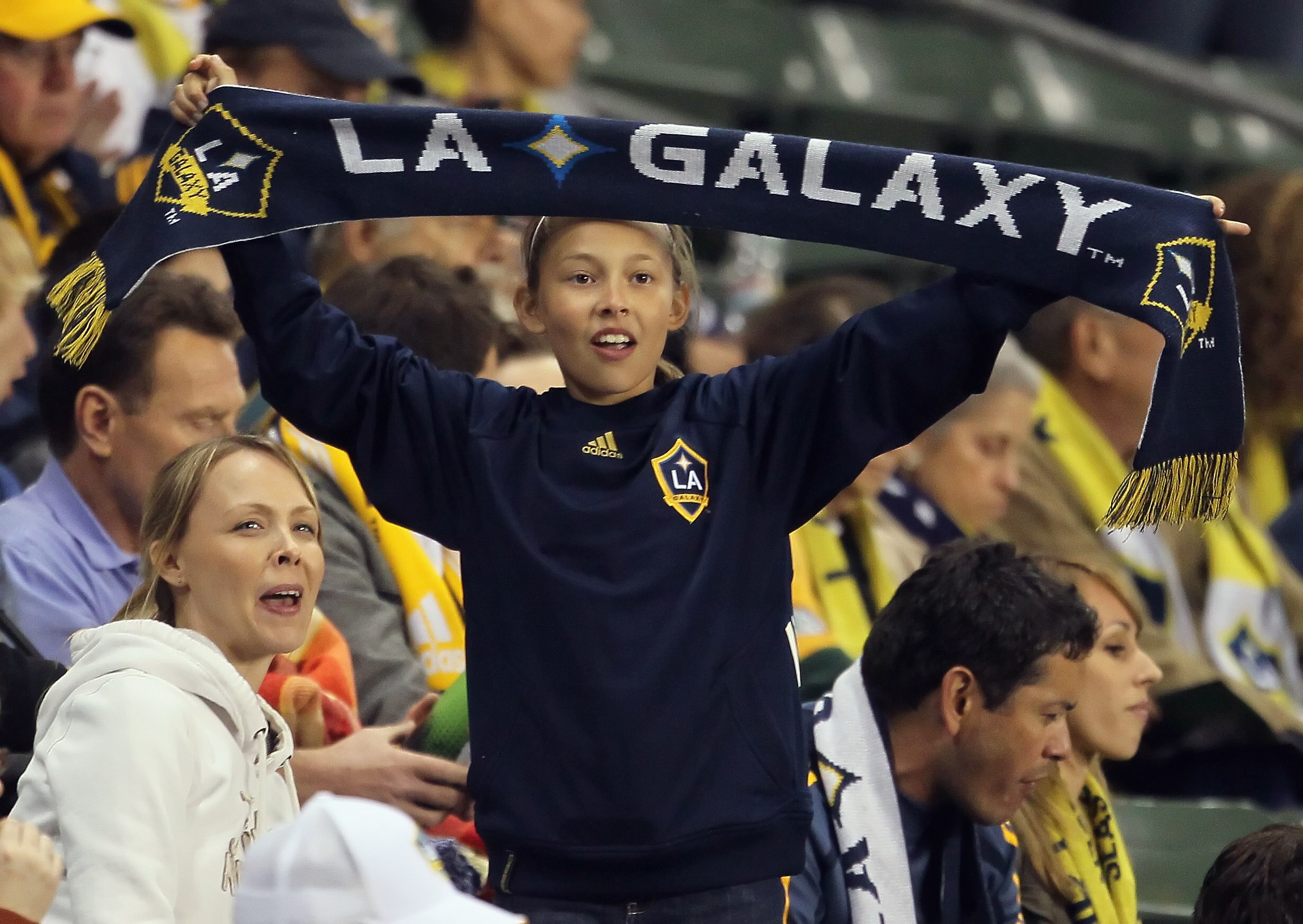 CARSON, CA - MAY 07:  A Los Angeles Galaxy fan shows her support during the game against the New York Red Bulls at The Home Depot Center on May 7, 2011 in Carson, California.  (Photo by Jeff Gross/Getty Images)