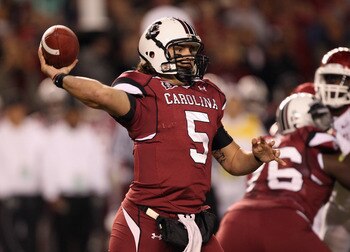 COLUMBIA, SC - NOVEMBER 06:  Stephen Garcia #5 of the South Carolina Gamecocks drops back to pass against against the Arkansas Razorbacks during their game at Williams-Brice Stadium on November 6, 2010 in Columbia, South Carolina.  (Photo by Streeter Leck