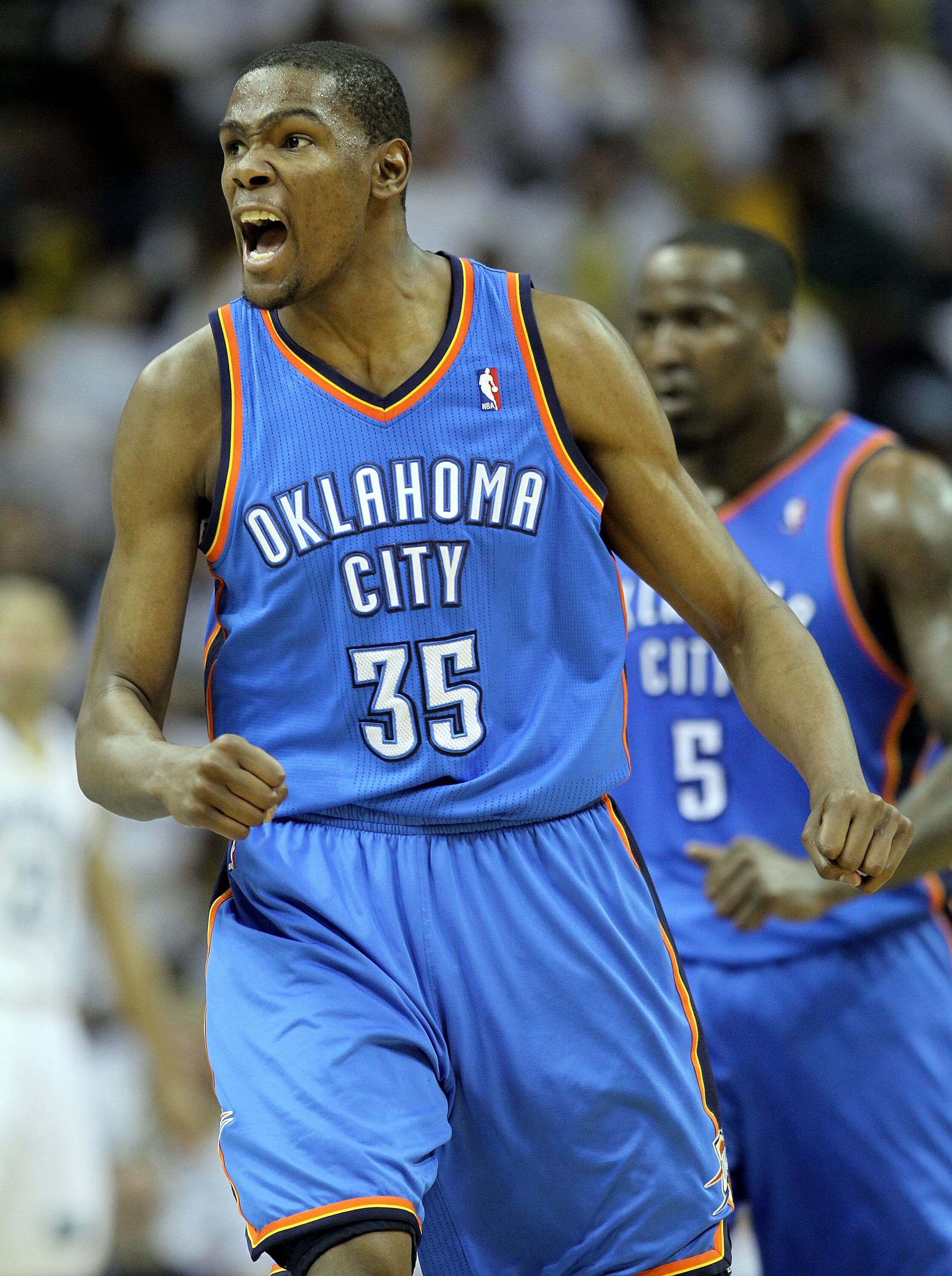 MEMPHIS, TN - MAY 09:  Kevin Durant #35 of the Oklahoma City Thunder celebrates during the game against the Memphis Grizzlies in Game Four of the Western Conference Semifinals in the 2011 NBA Playoffs at FedExForum on May 9, 2011 in Memphis, Tennessee.The