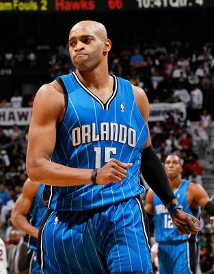 ATLANTA - MAY 10:  Vince Carter #15 of the Orlando Magic reacts after a basket against the Atlanta Hawks during Game Four of the Eastern Conference Semifinals of the 2010 NBA Playoffs at Philips Arena on May 10, 2010 in Atlanta, Georgia.  NOTE TO USER: Us