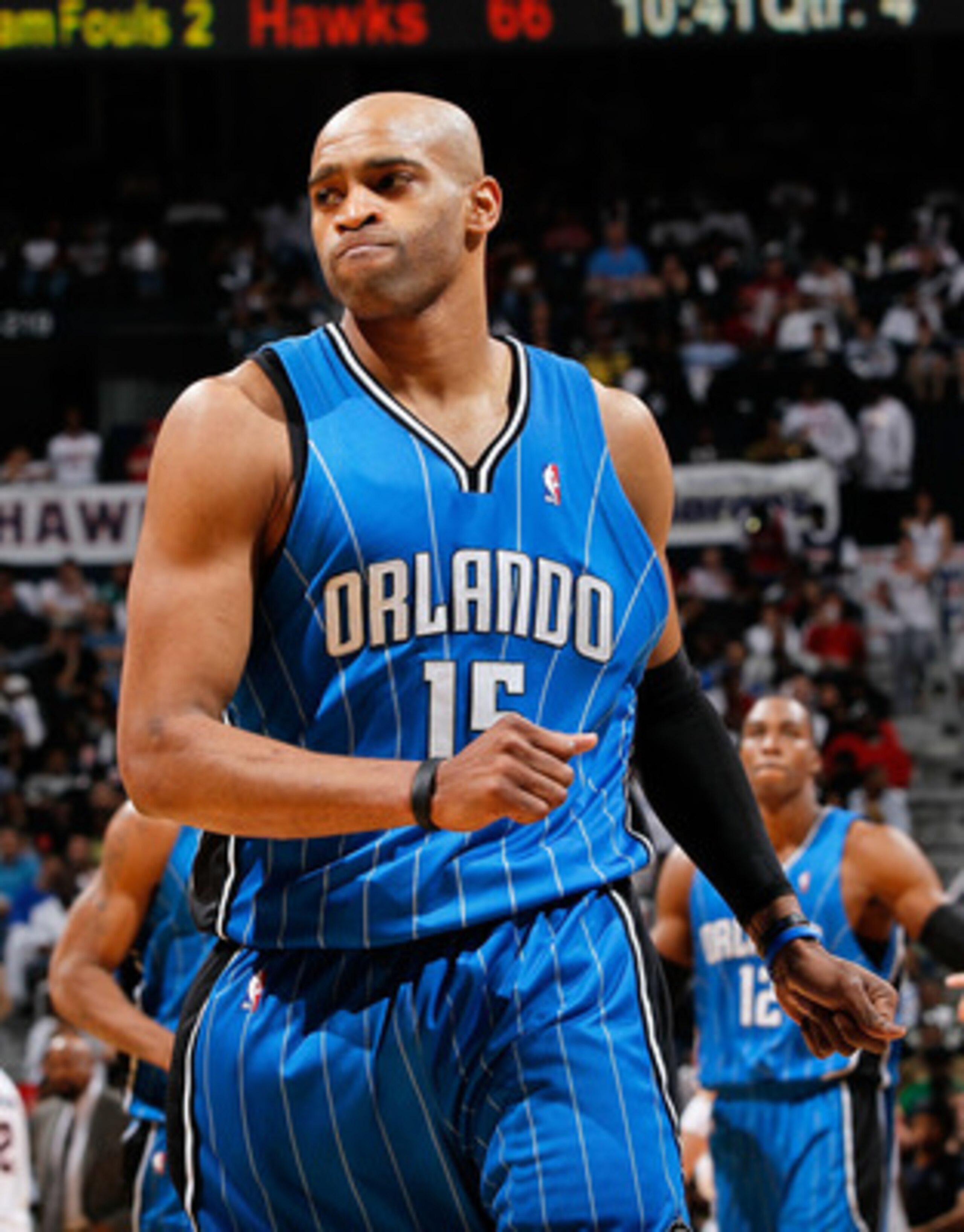 ATLANTA - MAY 10:  Vince Carter #15 of the Orlando Magic reacts after a basket against the Atlanta Hawks during Game Four of the Eastern Conference Semifinals of the 2010 NBA Playoffs at Philips Arena on May 10, 2010 in Atlanta, Georgia.  NOTE TO USER: Us