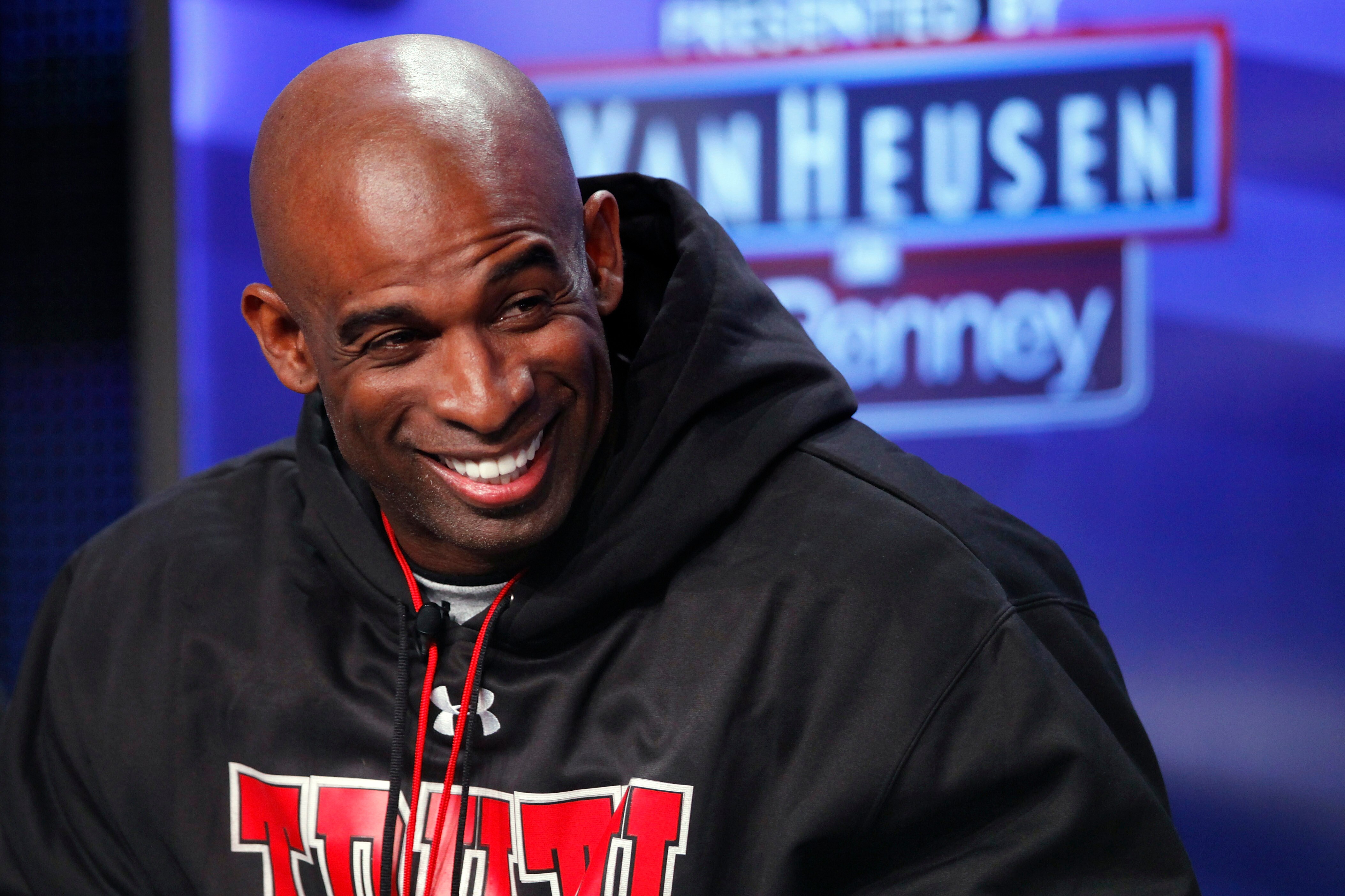 DALLAS, TX - FEBRUARY 5: Deion Sanders looks on after being inducted into the 2011 Pro Football Hall of Fame class during an announcement at the Super Bowl XLV media center on February 5, 2011 in Dallas, Texas. (Photo by Joe Robbins/Getty Images)
