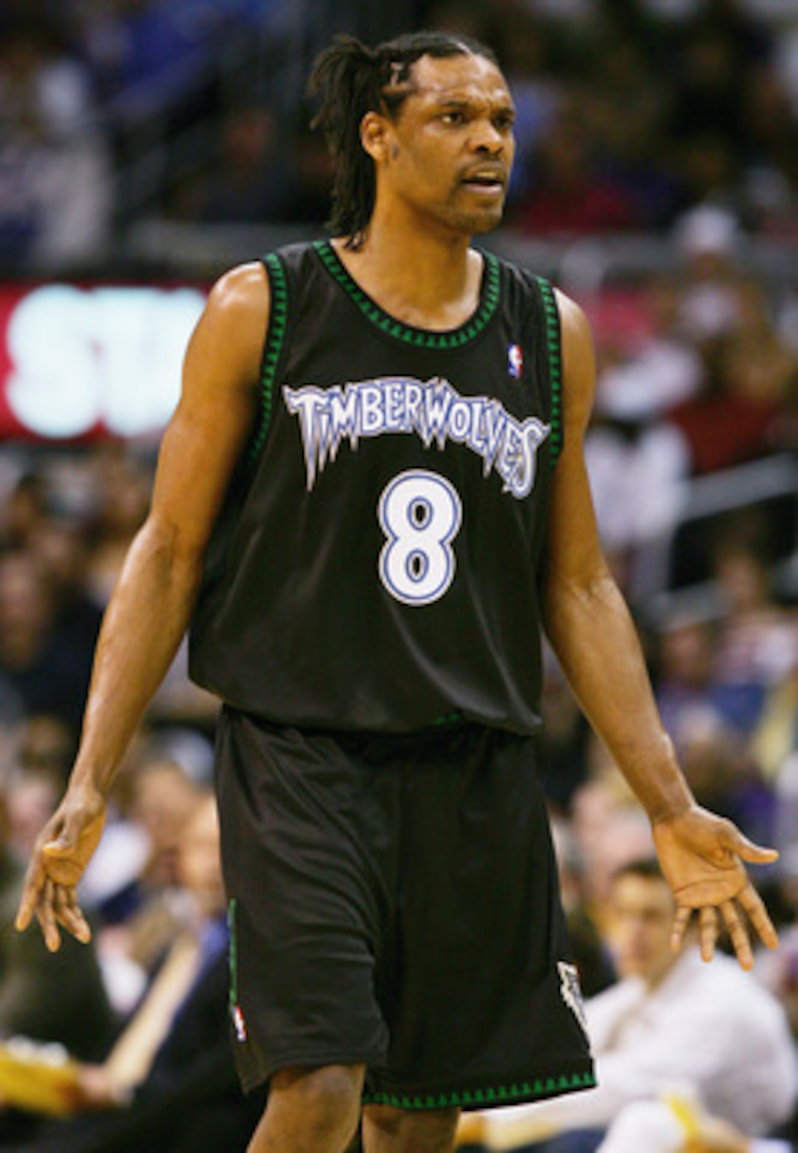 LOS ANGELES - MARCH 31:  Latrell Sprewell #8 of the Minnesota Timberwolves looks on during a break in action against the Los Angeles Lakers on March 31, 2005 at Staples Center in Los Angeles, California. NOTE TO USER: User expressly acknowledges and agree
