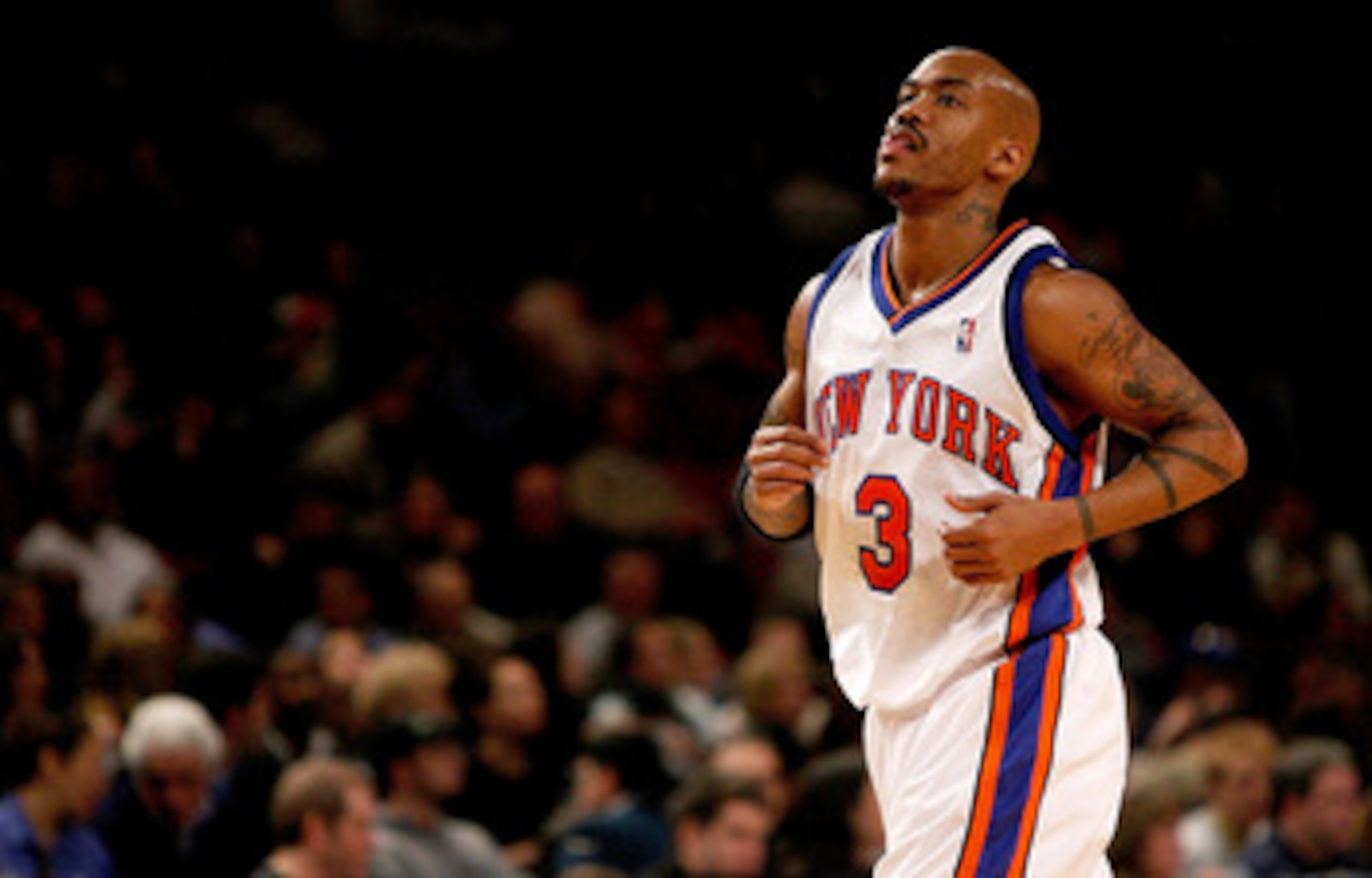 NEW YORK - JANUARY 11:  Stephon Marbury #3 of the New York Knicks leaves the court against the Toronto Raptors on January 11, 2008 at Madison Square Garden in New York City. NOTE TO USER: User expressly acknowledges and agrees that, by downloading and/or