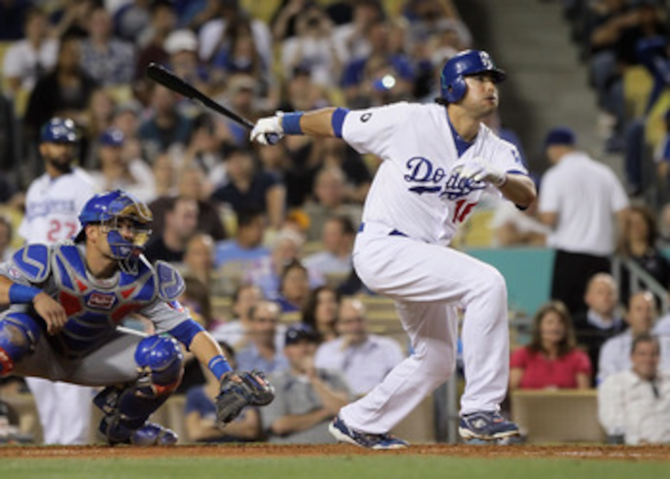 LOS ANGELES, CA - MAY 03:  Andre Ethier #16 of the Los Angeles Dodgers hits a base hit against the Chicago Cubs in the fourth inning at Dodger Stadium on May 3, 2011 in Los Angeles, California.  (Photo by Jeff Gross/Getty Images)