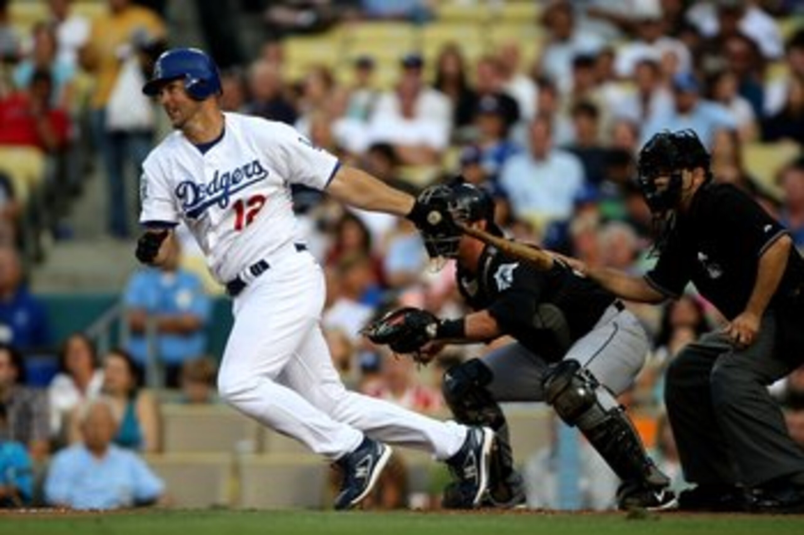 LOS ANGELES, CA - JULY 12: Jeff Kent #12 of the Los Angeles Dodgers bats against the Florida Marlins on July 12, 2008 at Dodger Stadiium in Los Angeles, California. The Marlins won 5-3 in 11 innings.  (Photo by Stephen Dunn/Getty Images)