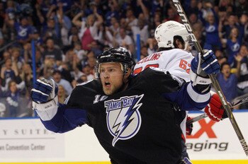 TAMPA, FL - MAY 04:  Sean Bergenheim #10 of the Tampa Bay Lightning scores at 4:41 of the second period against the Washington Capitals in Game Four of the Eastern Conference Semifinals during the 2011 NHL Stanley Cup Playoffs at the St Pete Times Forum o
