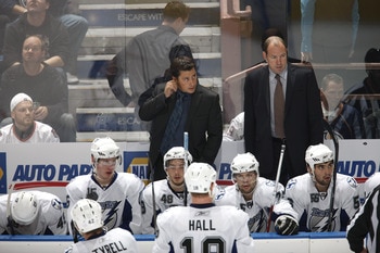 EDMONTON, CANADA - SEPTEMBER 23: Guy Boucher and Dan Lacroix of the Tampa Bay Lightning during the game against the Edmonton Oilers on September 23, 2010 at Rexall Place in Edmonton, Alberta, Canada. (Photo by Dale MacMillan/Getty Images)