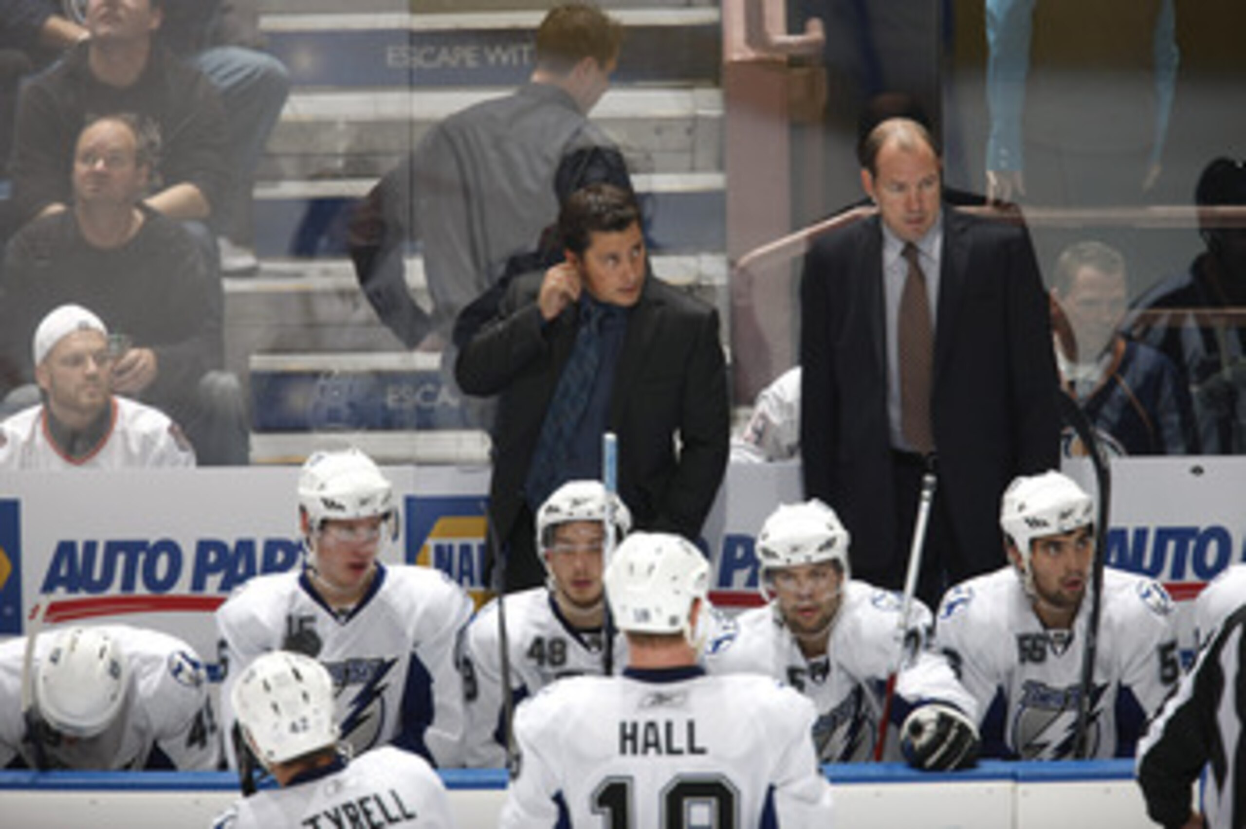 EDMONTON, CANADA - SEPTEMBER 23: Guy Boucher and Dan Lacroix of the Tampa Bay Lightning during the game against the Edmonton Oilers on September 23, 2010 at Rexall Place in Edmonton, Alberta, Canada. (Photo by Dale MacMillan/Getty Images)