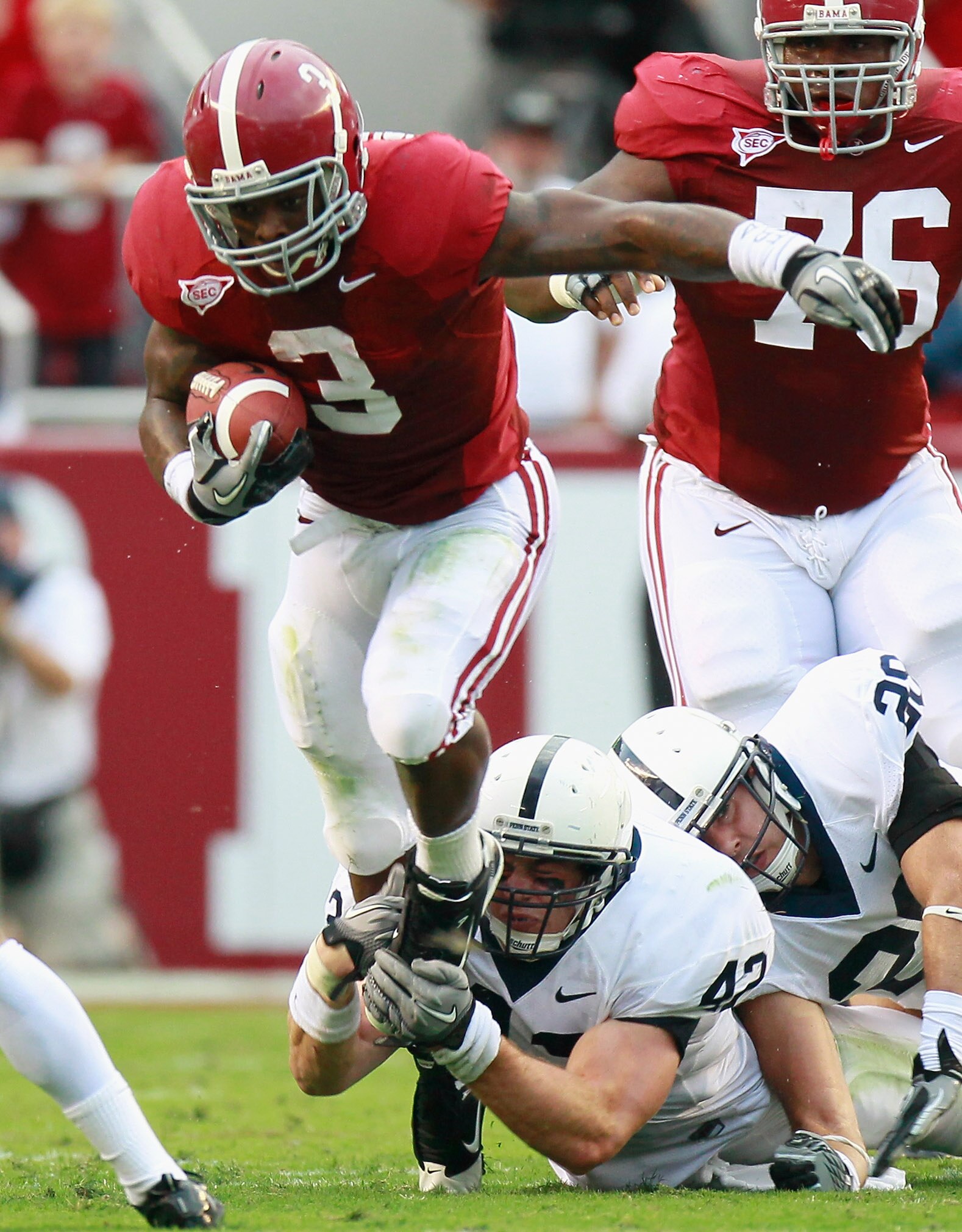 TUSCALOOSA, AL - SEPTEMBER 11:  Trent Richardson #3 of the Alabama Crimson Tide is tackled by Michael Mauti #42 of the Penn State Nittany Lions at Bryant-Denny Stadium on September 11, 2010 in Tuscaloosa, Alabama.  (Photo by Kevin C. Cox/Getty Images)