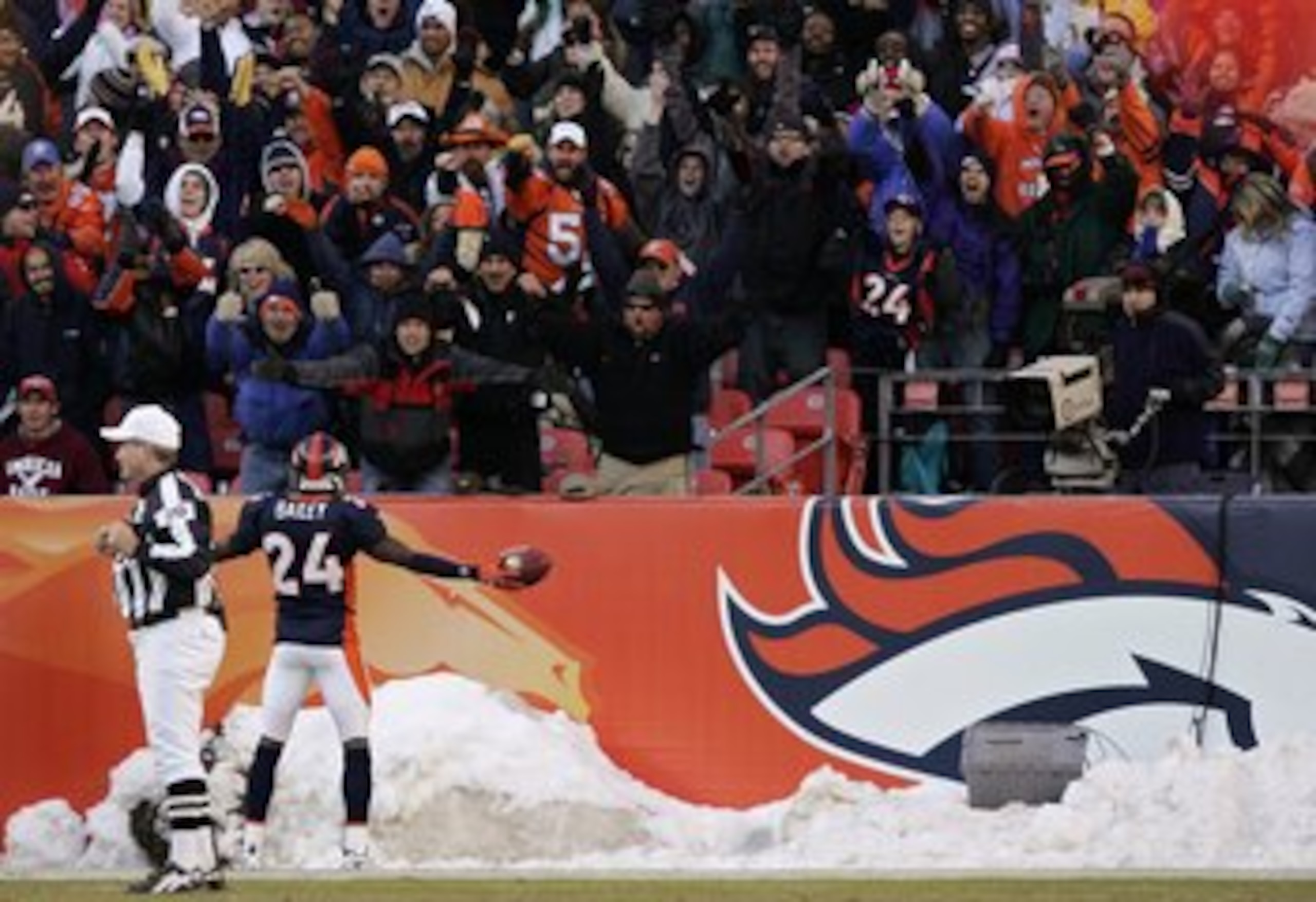 DENVER - DECEMBER 31: Champ Bailey #24 of the Denver Broncos celebrates an interception for a 70-yard touchdown against the San Francisco 49s in the second quarter at Invesco Field at Mile High December 31, 2006 in Denver, Colorado. (Photo by Brian Bahr DENVER - DECEMBER 31: Champ Bailey #24 of the Denver Broncos celebrates an interception for a 70-yard touchdown against the San Francisco 49s in the second quarter at Invesco Field at Mile High December 31, 2006 in Denver, Colorado. (Photo by Brian Bahr