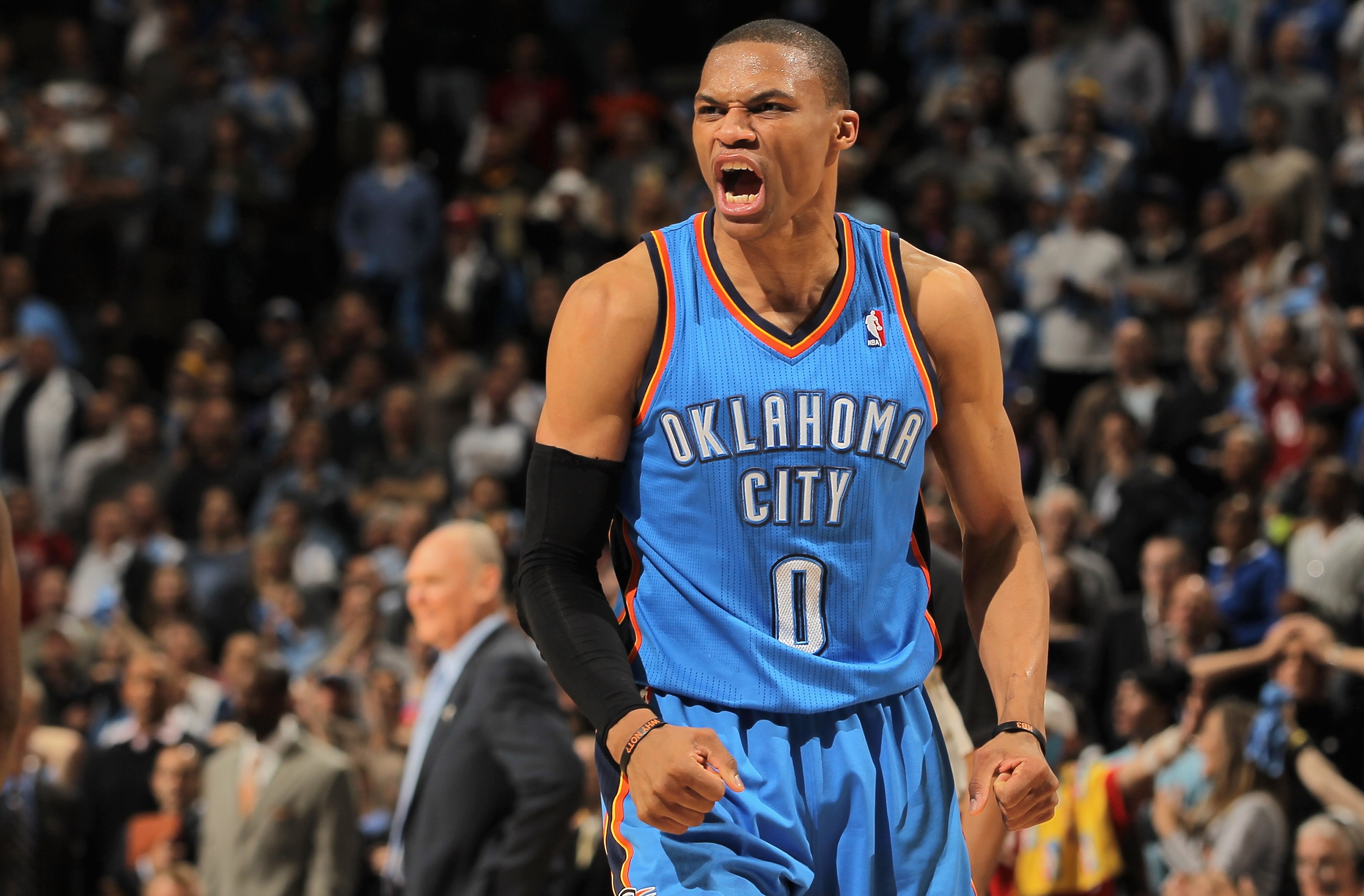DENVER, CO - APRIL 23:  Russell Westbrook #0 of the Oklahoma City Thunder celebrates as the Thunder defeat the Denver Nuggets 97-94 in Game Three of the Western Conference Quarterfinals in the 2011 NBA Playoffs on April 23, 2011 at the Pepsi Center in Den