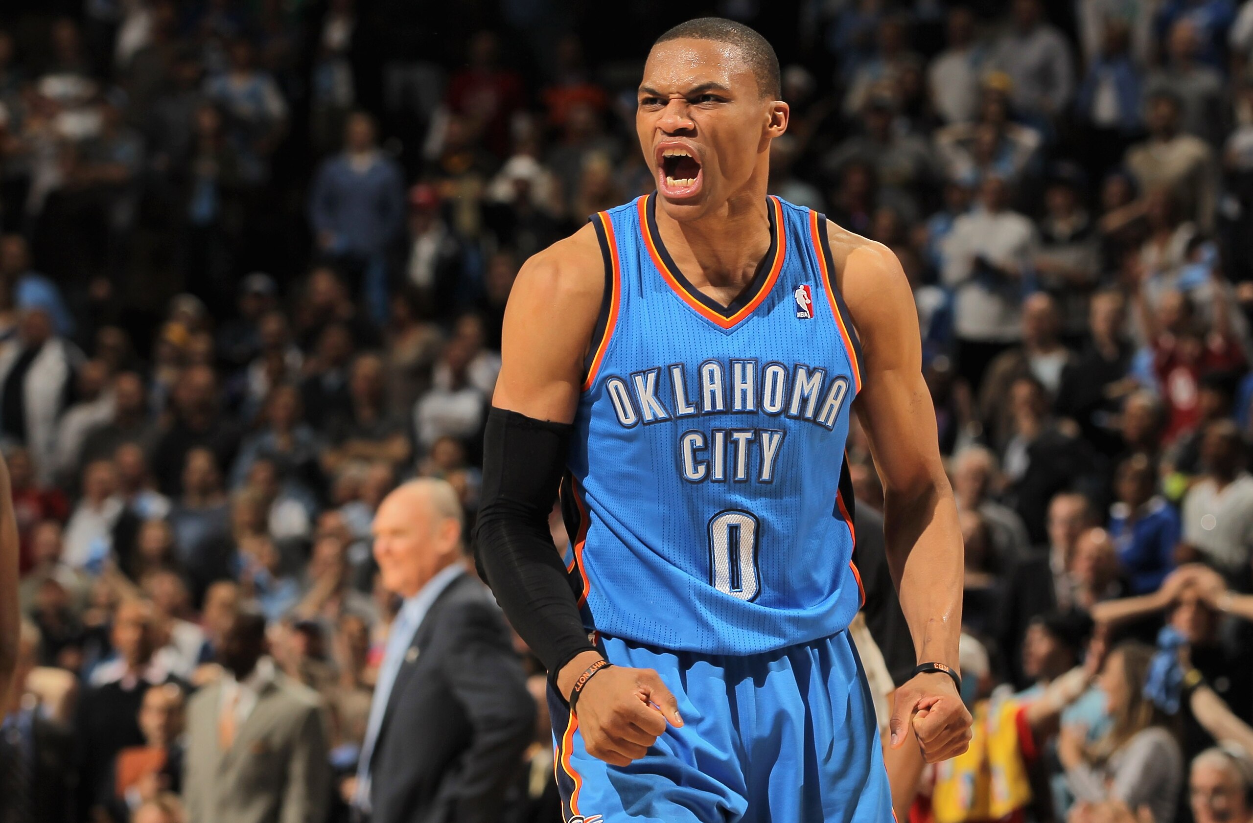 DENVER, CO - APRIL 23: Russell Westbrook #0 of the Oklahoma City Thunder celebrates as the Thunder defeat the Denver Nuggets 97-94 in Game Three of the Western Conference Quarterfinals in the 2011 NBA Playoffs on April 23, 2011 at the Pepsi Center in Den DENVER, CO - APRIL 23: Russell Westbrook #0 of the Oklahoma City Thunder celebrates as the Thunder defeat the Denver Nuggets 97-94 in Game Three of the Western Conference Quarterfinals in the 2011 NBA Playoffs on April 23, 2011 at the Pepsi Center in Den