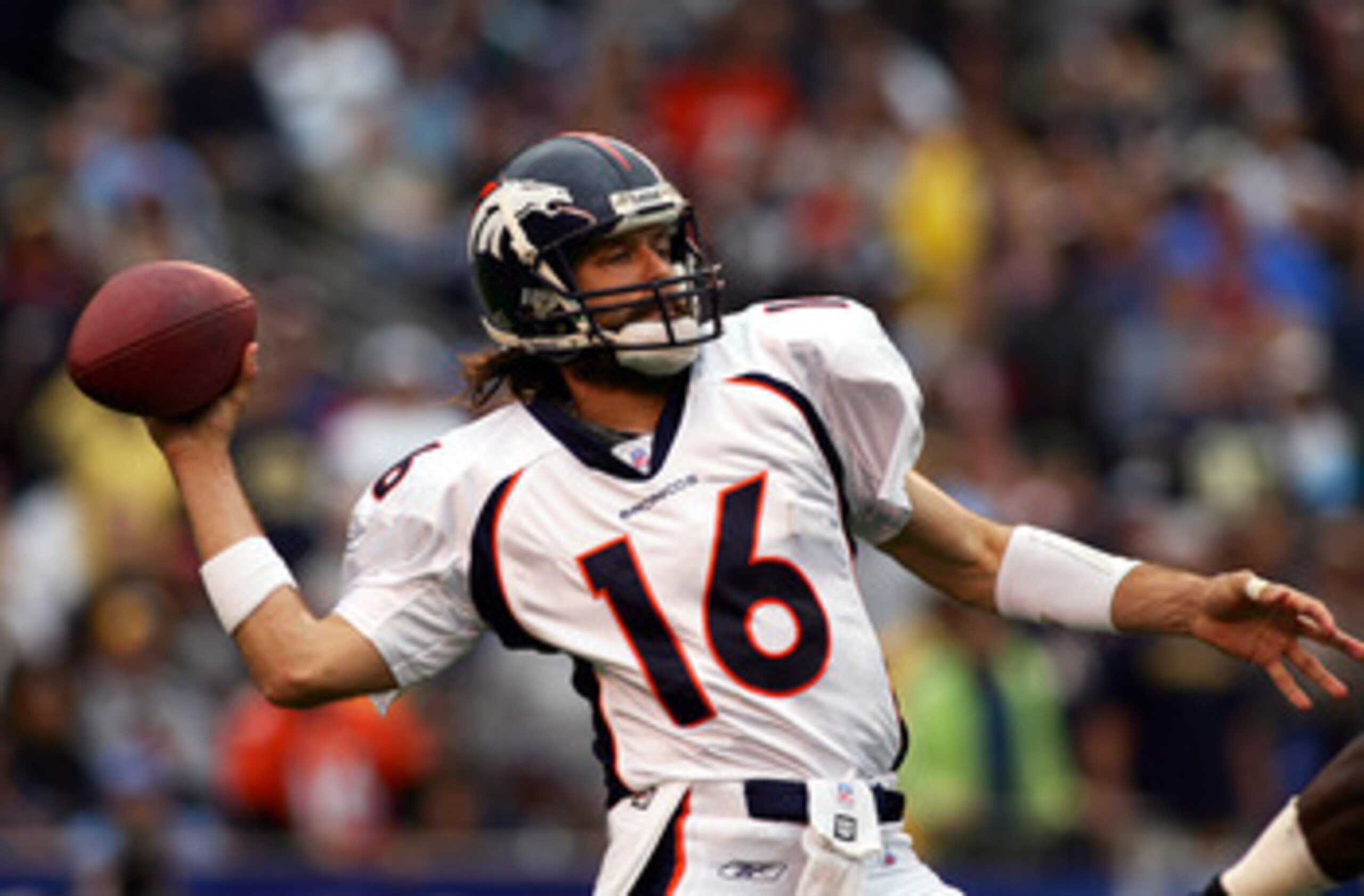 SAN DIEGO - DECEMBER 31: Quarterback Jake Plummer #16 of the Denver Broncos throws the ball against the San Diego Chargers during the first half of their NFL Game on December 31, 2005 at Qualcomm Stadium in San Diego, California. (Photo by Donald Miralle SAN DIEGO - DECEMBER 31: Quarterback Jake Plummer #16 of the Denver Broncos throws the ball against the San Diego Chargers during the first half of their NFL Game on December 31, 2005 at Qualcomm Stadium in San Diego, California. (Photo by Donald Miralle
