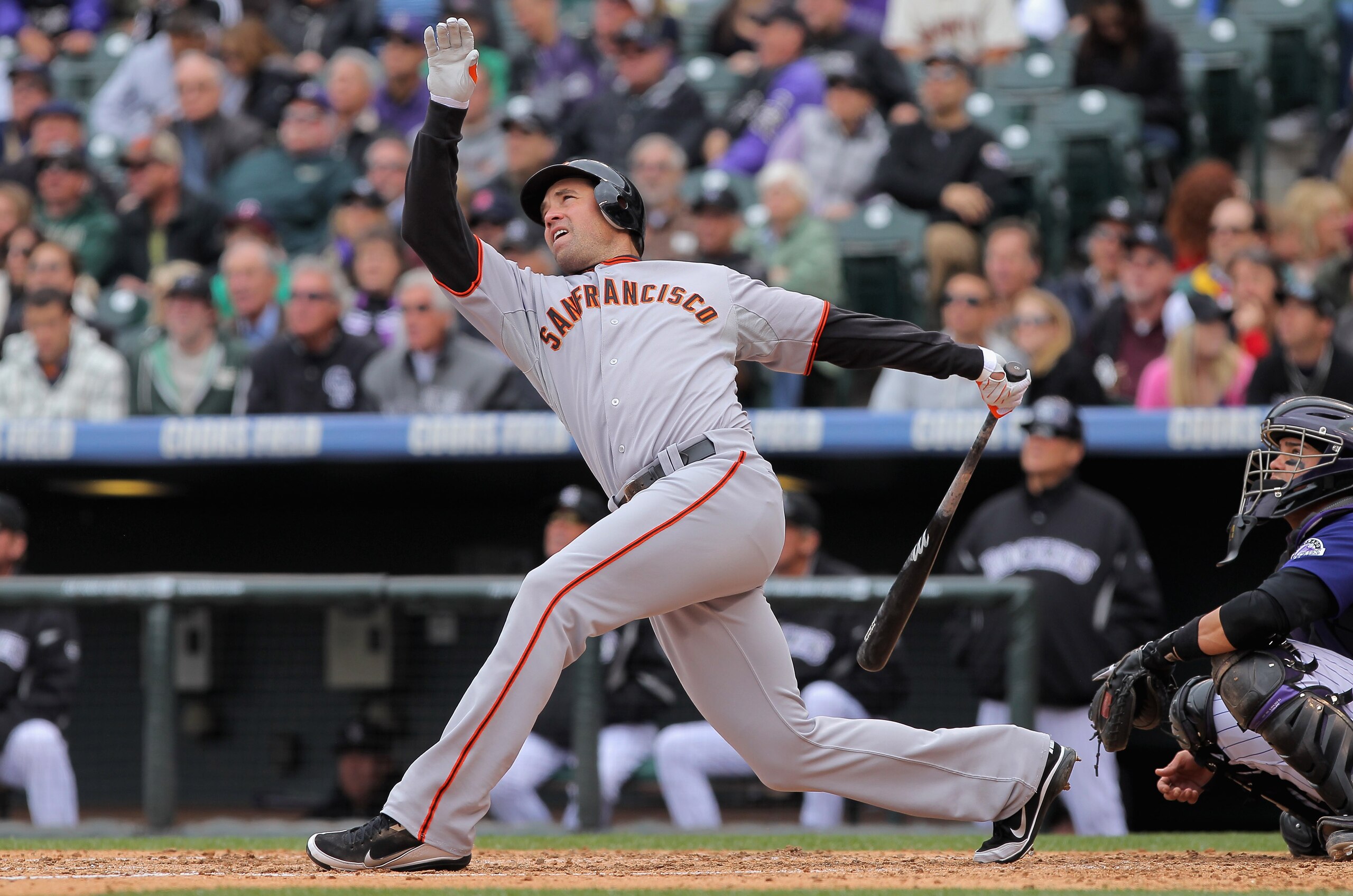 DENVER, CO - APRIL 20:  Pat Burrell #5 of the San Francisco Giants takes an at bat against the Colorado Rockies at Coors Field on April 20, 2011 in Denver, Colorado.  (Photo by Doug Pensinger/Getty Images)