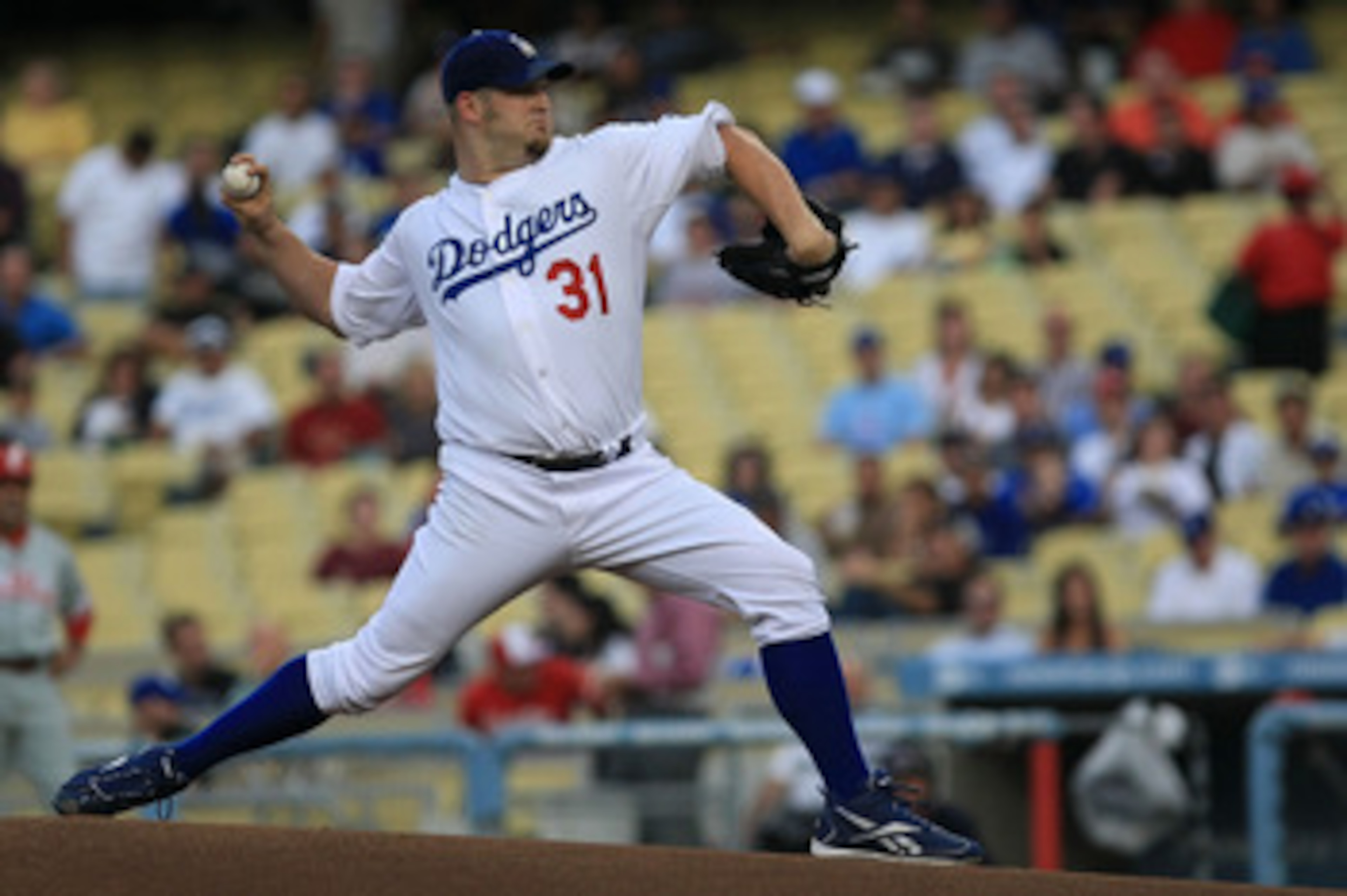 LOS ANGELES, CA - AUGUST 13:  Brad Penny #31 of the Los Angeles Dodgers pitches against the Philadelphia Phillies in the first inning during the game on August 13, 2008 at Dodger Stadium in Los Angeles, California.  (Photo by Jonathan Moore/Getty Images)