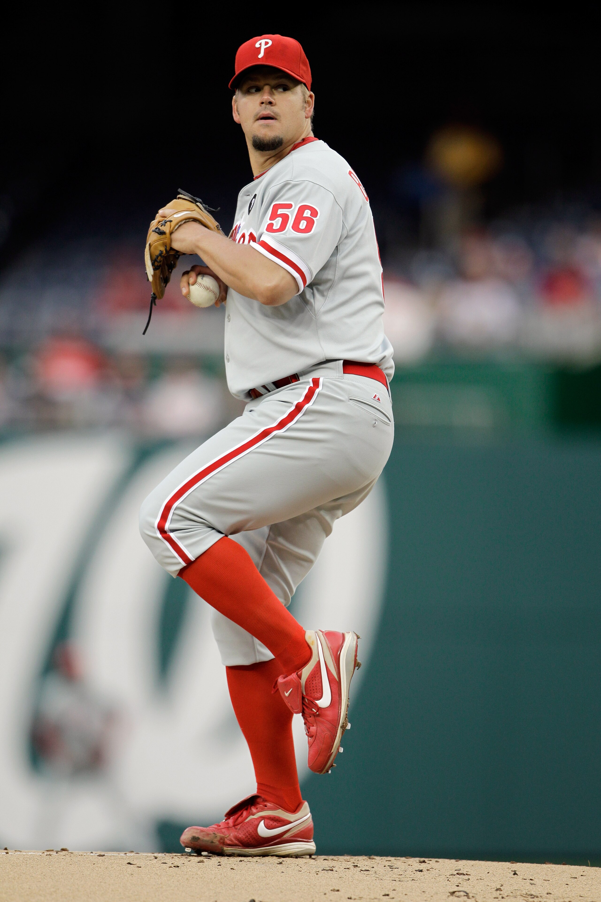 WASHINGTON, DC - APRIL 12: Pitcher Joe Blanton #56 of the Philadelphia Phillies delivers to a Washington Nationals batter at Nationals Park on April 12, 2011 in Washington, DC. (Photo by Rob Carr/Getty Images)