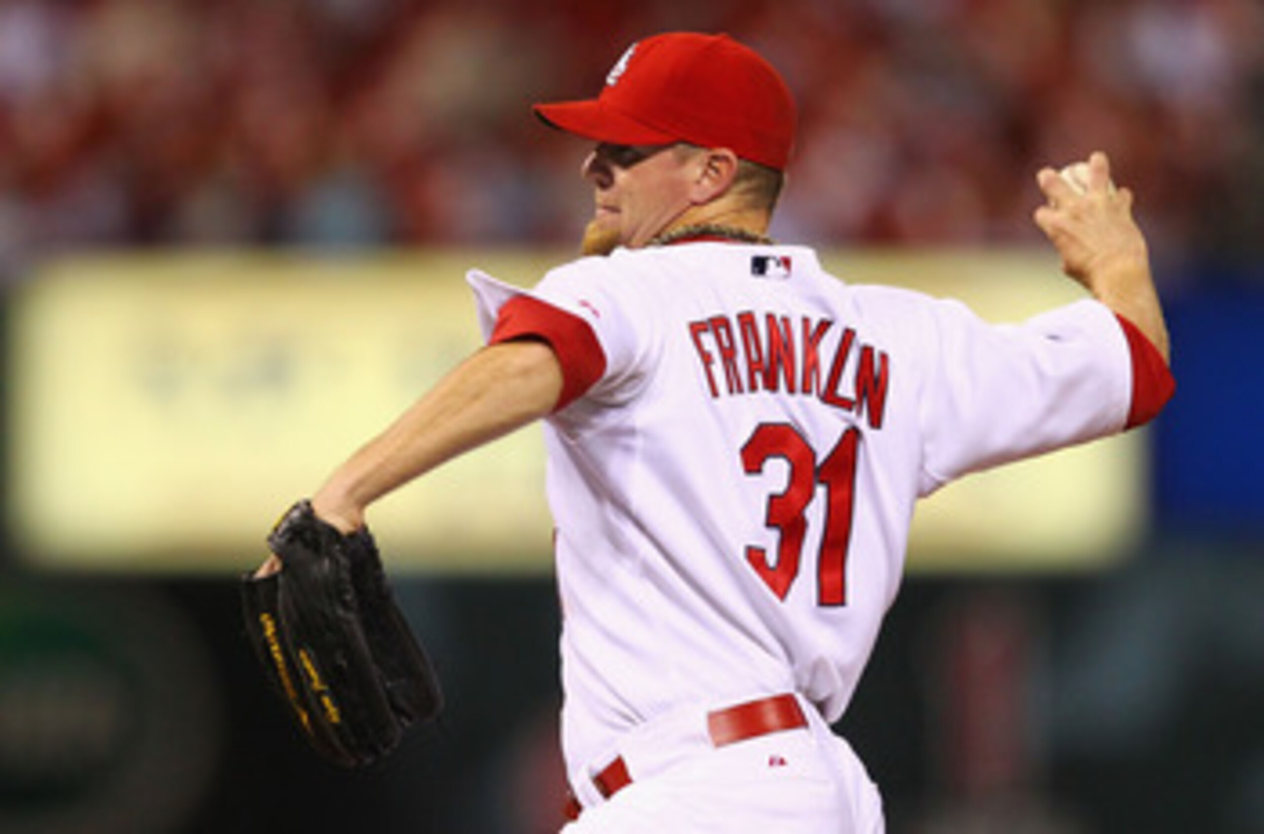 ST. LOUIS - SEPTEMBER 17: Reliever Ryan Franklin #31 of the St. Louis Cardinals pitches against the San Diego Padres at Busch Stadium on September 17, 2010 in St. Louis, Missouri.  The Cardinals beat the Padres 14-4.  (Photo by Dilip Vishwanat/Getty Image