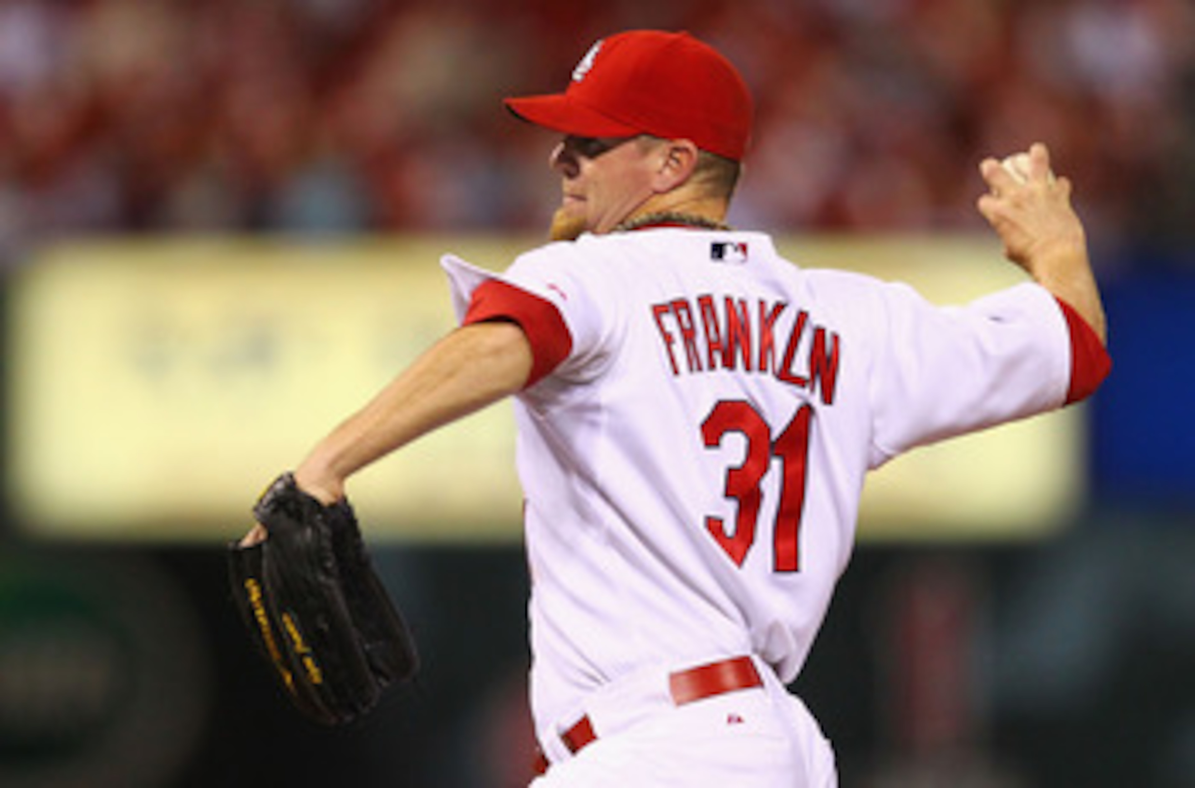ST. LOUIS - SEPTEMBER 17: Reliever Ryan Franklin #31 of the St. Louis Cardinals pitches against the San Diego Padres at Busch Stadium on September 17, 2010 in St. Louis, Missouri.  The Cardinals beat the Padres 14-4.  (Photo by Dilip Vishwanat/Getty Image