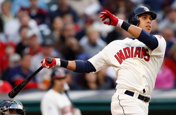 CLEVELAND - APRIL 30:  Michael Brantley #23 of the Cleveland Indians hits a solo home run against the Detroit Tigers during the game on April 30, 2011 at Progressive Field in Cleveland, Ohio.  (Photo by Jared Wickerham/Getty Images)