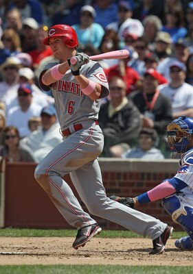 CHICAGO, IL - MAY 08: Drew Stubbs #6 of the Cincinnati Reds hits the ball against the Chicago Cubs at Wrigley Field on May 8, 2011 in Chicago, Illinois. The Reds defeated the Cubs 2-0. (Photo by Jonathan Daniel/Getty Images)