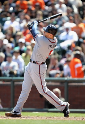 SAN FRANCISCO, CA - APRIL 24:  Freddie Freeman #5 of the Atlanta Braves in action against the San Francisco Giants at AT&T Park on April 24, 2011 in San Francisco, California.  (Photo by Ezra Shaw/Getty Images)