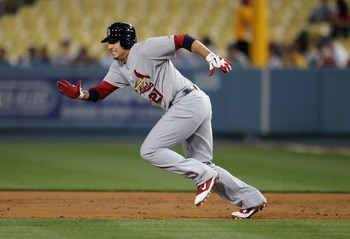 LOS ANGELES, CA - APRIL 16:  Allen Craig #21 of the St Louis Cardinals leads off of first base against the Los Angeles Dodgers at Dodger Stadium on April 16, 2011 in Los Angeles, California.  (Photo by Jeff Gross/Getty Images)