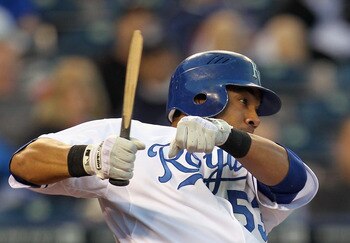 KANSAS CITY, MO - MAY 03:  Melky Cabrera #53 of the Kansas City Royals breaks his bat during the game against the Baltimore Orioles on May 3, 2011 at Kauffman Stadium in Kansas City, Missouri.  (Photo by Jamie Squire/Getty Images)