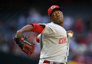 PHOENIX, AZ - APRIL 10:  Relief pitcher Aroldis Chapman #54 of the Cincinnati Reds pitches against the Arizona Diamondbacks during the Major League Baseball game at Chase Field on April 10, 2011 in Phoenix, Arizona. The Diamondbacks defeated the Reds 10-8
