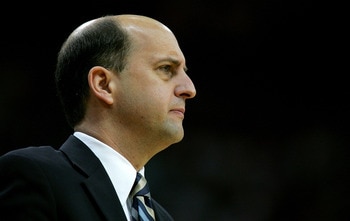 HOUSTON - APRIL 21:  Coach Jeff Van Gundy of the Houston Rockets on the sidelines as his teams plays the Utah Jazz in Game One of the Western Conference Quarterfinals during the 2007 NBA Playoffs at the Toyota Center April 21, 2007 in Houston, Texas. NOTE
