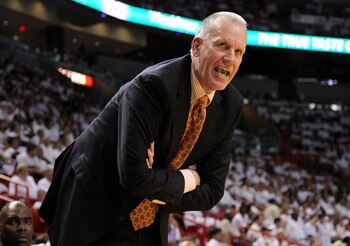 MIAMI, FL - APRIL 18:  Philadelphia 76ers head coach Doug Collins yells from the sideline  during game two of the Eastern Conference Quarterfinals against the Miami Heat  at American Airlines Arena on April 18, 2011 in Miami, Florida. NOTE TO USER: User e
