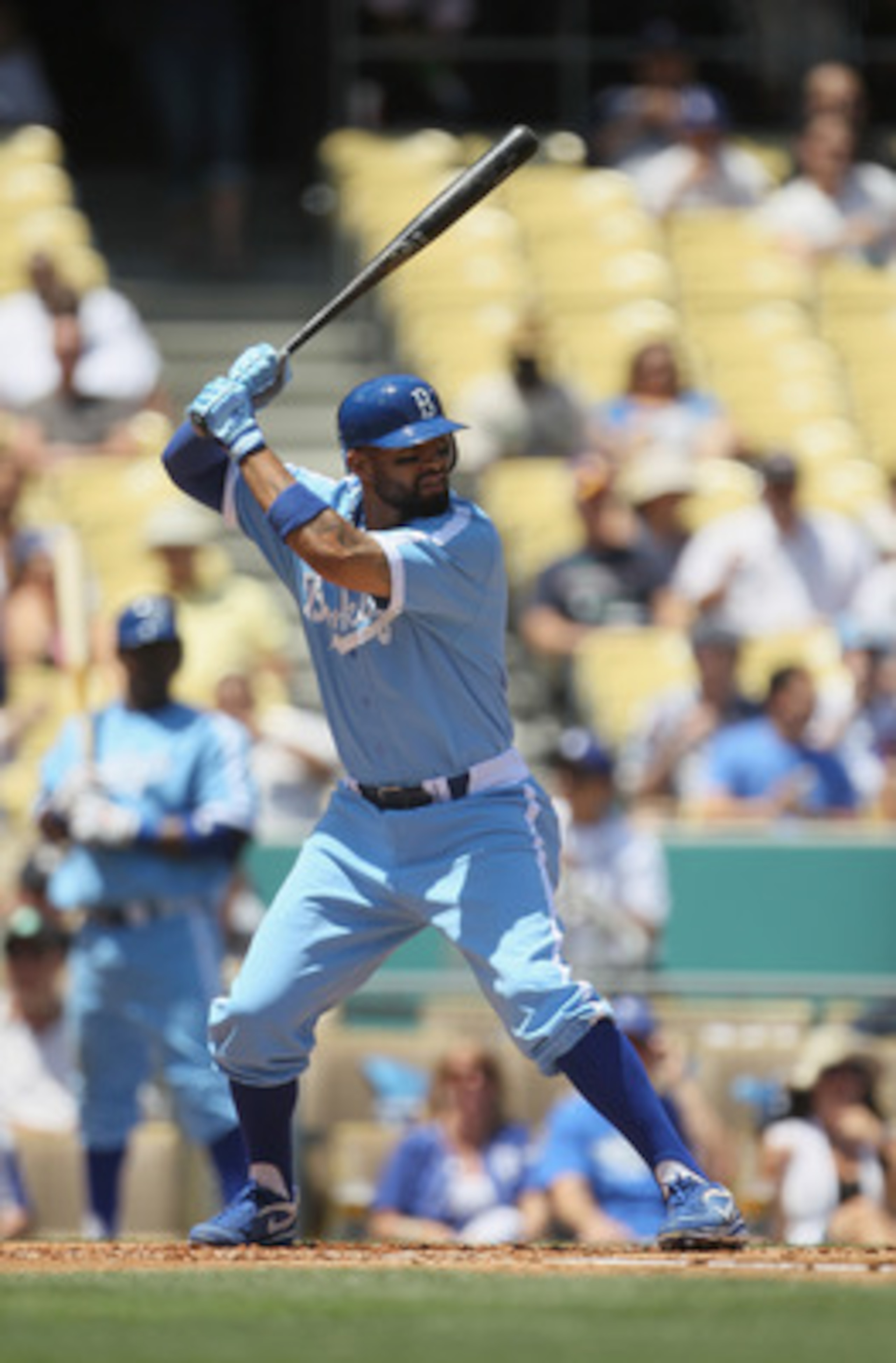 LOS ANGELES, CA - MAY 04:  Matt Kemp #27 of the Los Angeles Dodgers bats against the Chicago Cubs at Dodger Stadium on May 4, 2011 in Los Angeles, California.  (Photo by Jeff Gross/Getty Images)