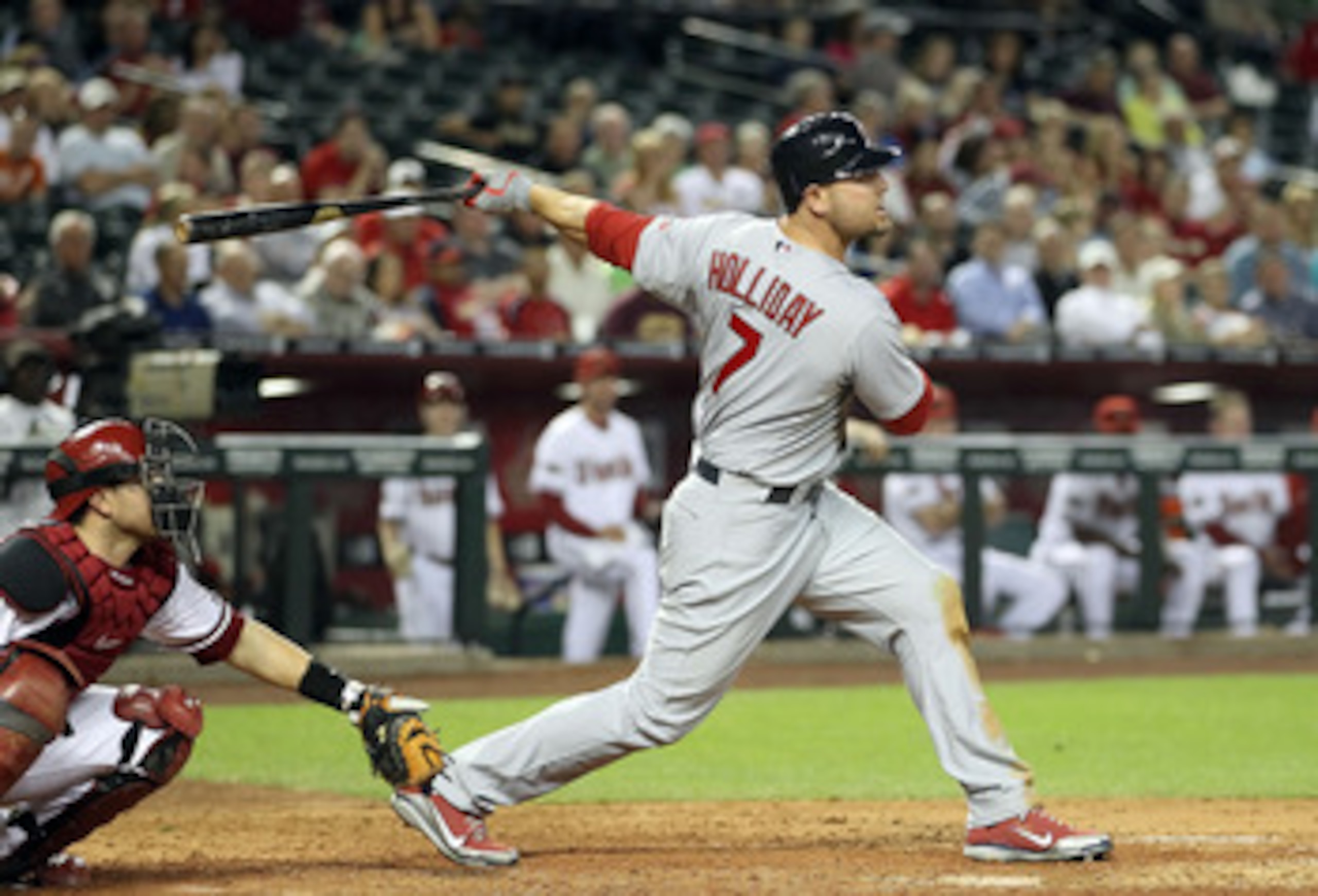 PHOENIX, AZ - APRIL 12:  Matt Holliday #7 of the St. Louis Cardinals bats against the Arizona Diamondbacks during the Major League Baseball game at Chase Field on April 12, 2011 in Phoenix, Arizona.   The Diamondbacks defeated the Cardinals 13-8.  (Photo 