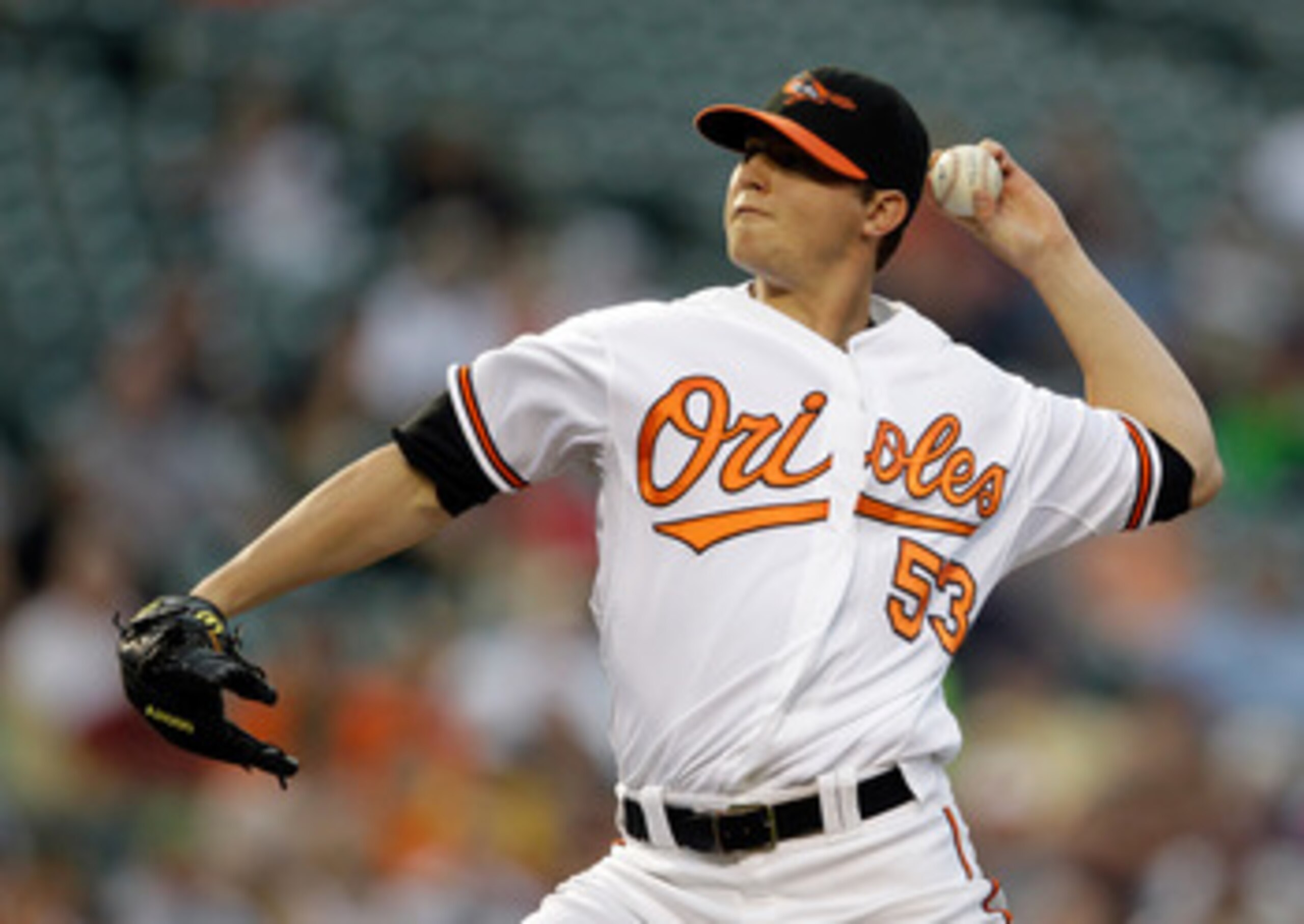 BALTIMORE, MD - APRIL 26:  Pitcher Zach Britton #53 of the Baltimore Orioles delivers to a Boston Red Sox batter during the third inning at Oriole Park at Camden Yards on April 26, 2011 in Baltimore, Maryland.  (Photo by Rob Carr/Getty Images)