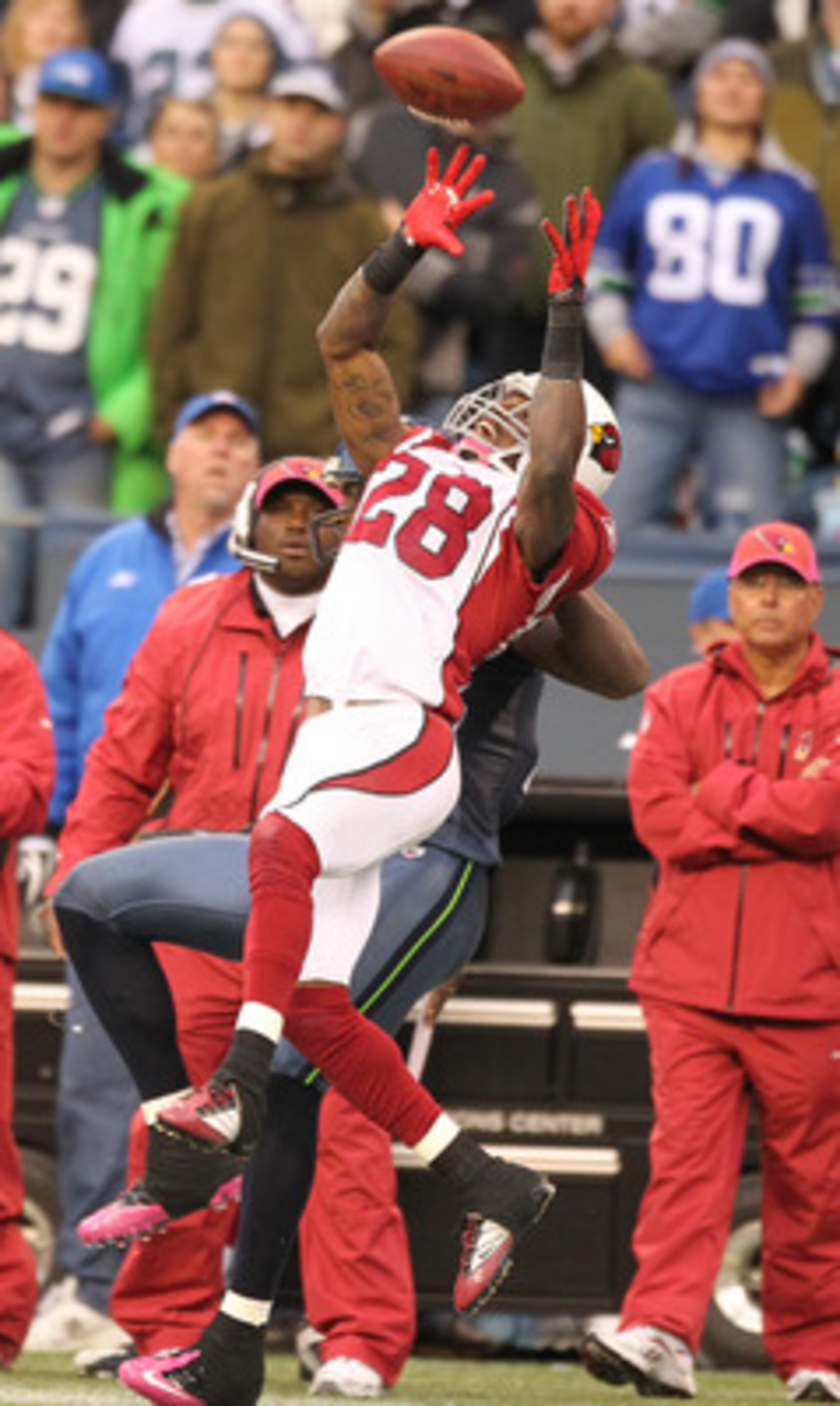 SEATTLE - OCTOBER 24:  Cornerback Greg Toler #28 of the Arizona Cardinals tries to intercept a pass against wide receiver Mike Williams #17 of the Seattle Seahawks at Qwest Field on October 24, 2010 in Seattle, Washington. (Photo by Otto Greule Jr/Getty I