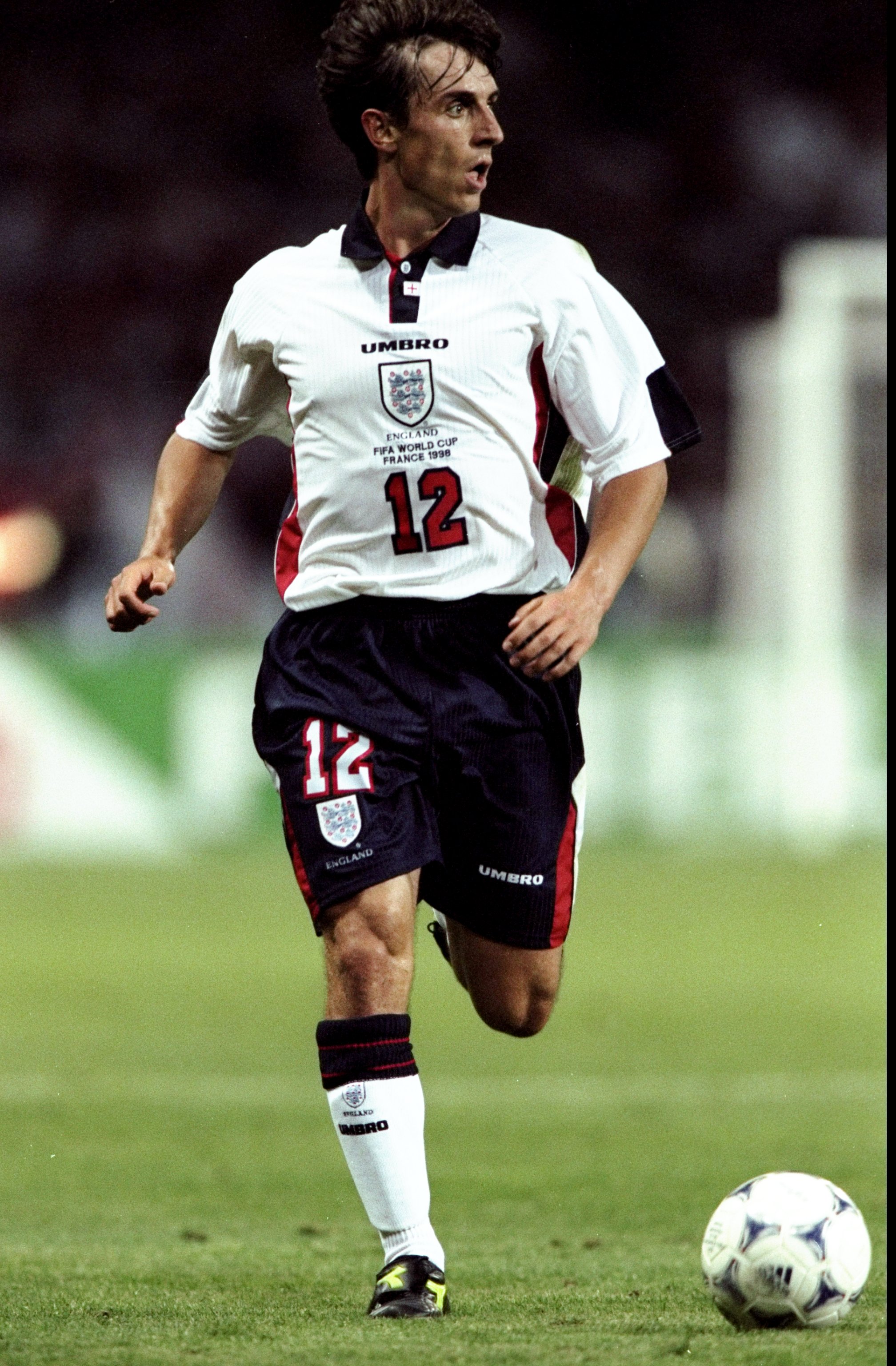 22 Jun 1998:  Gary Neville of England looks up during the World Cup group G game against Romania at the Stade Municipal in Toulouse, France. Romania won 2-1. \ Mandatory Credit: Ben Radford /Allsport