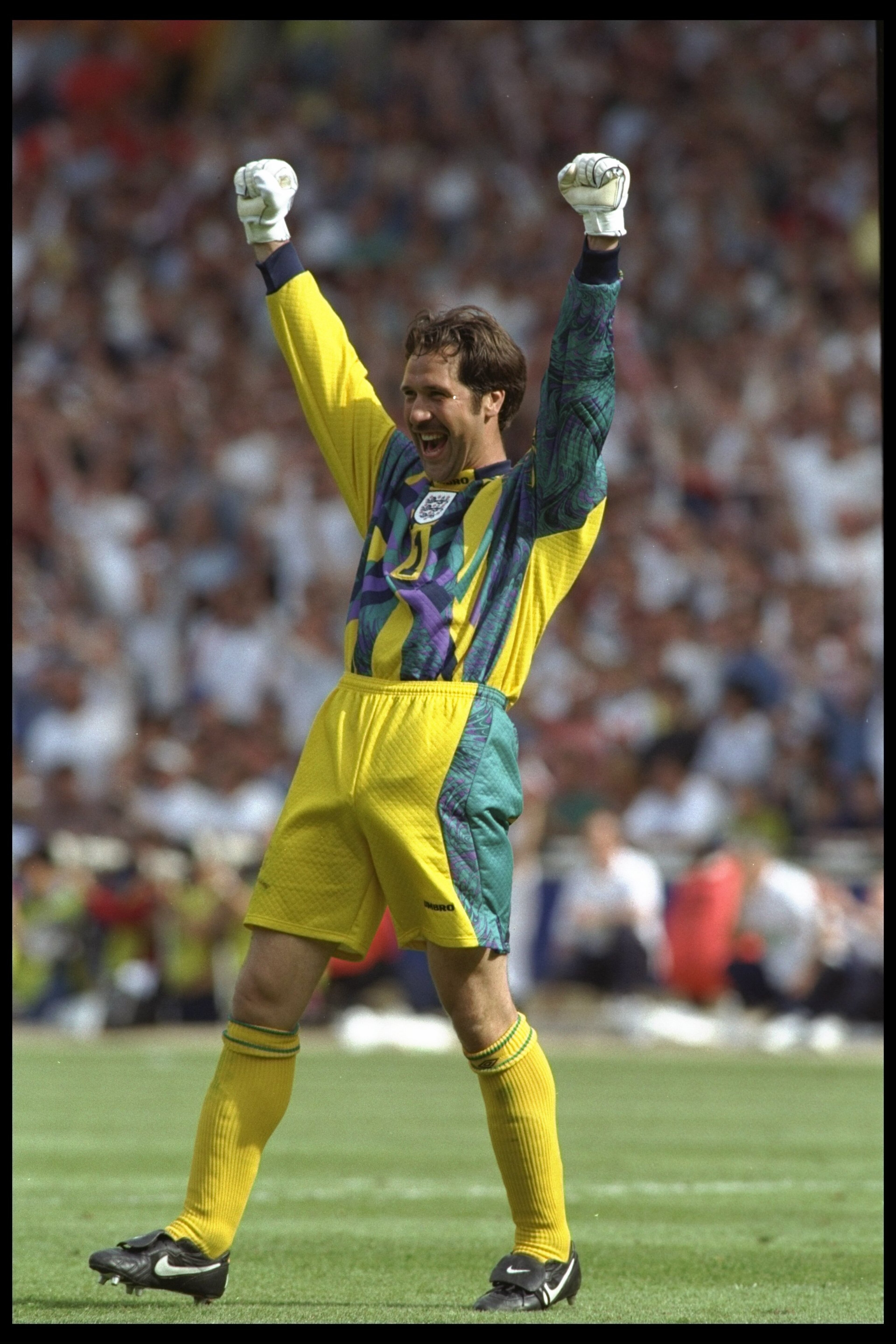 15 Jun 1996: Goalkeeper David Seaman celebrates victory at the end of the England v Scotland match in Group A of the European Football Championships at Wembley. David Seaman, who was capped 75 times for England, announced his decision to retire January 15 Jun 1996: Goalkeeper David Seaman celebrates victory at the end of the England v Scotland match in Group A of the European Football Championships at Wembley. David Seaman, who was capped 75 times for England, announced his decision to retire January