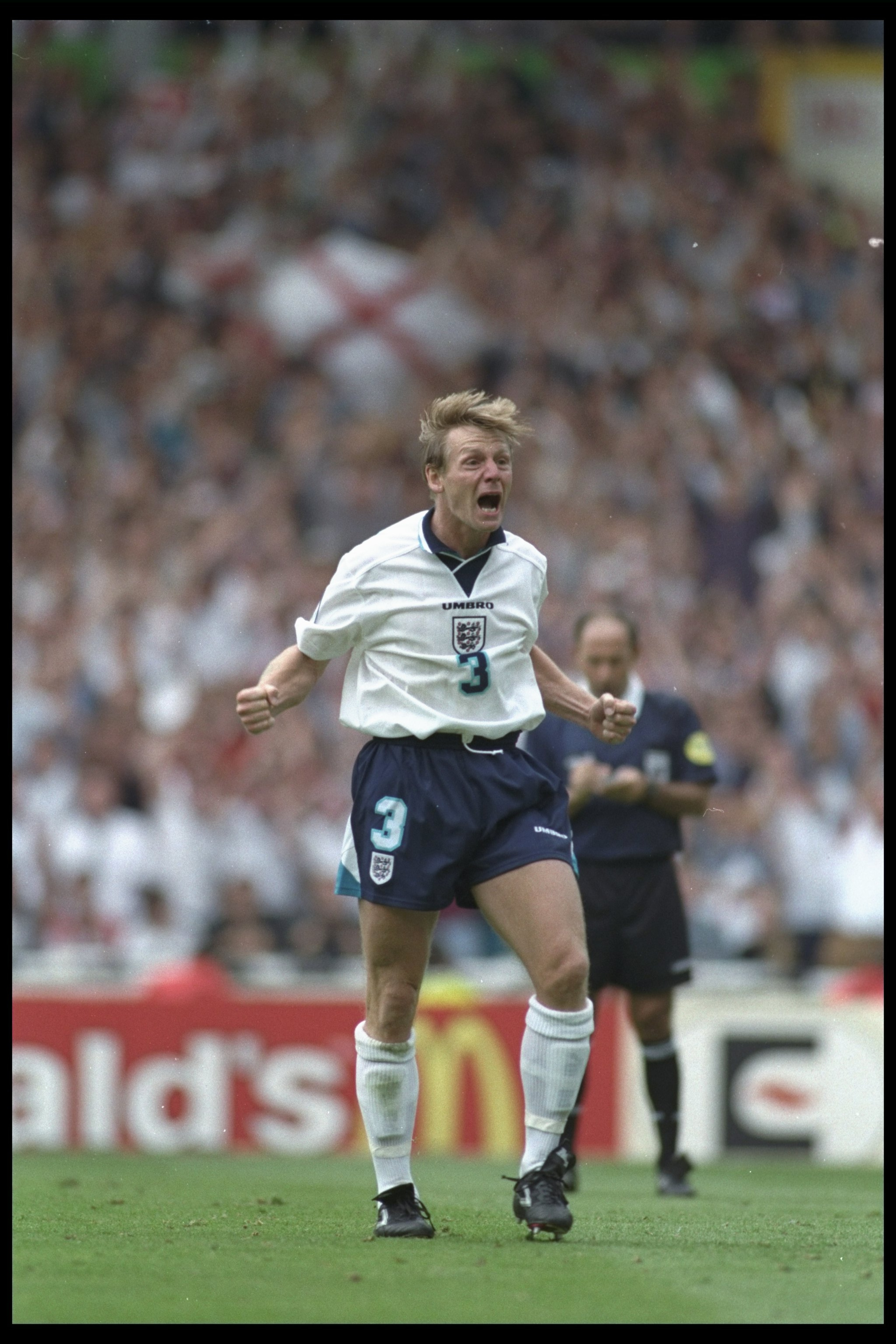 22 Jun 1996: Stuart Pearce of England celebrates after scoring his penalty during the European soccer championship match between England and Spain at Wembley Stadium, London. England won the match after extra time 22 Jun 1996: Stuart Pearce of England celebrates after scoring his penalty during the European soccer championship match between England and Spain at Wembley Stadium, London. England won the match after extra time