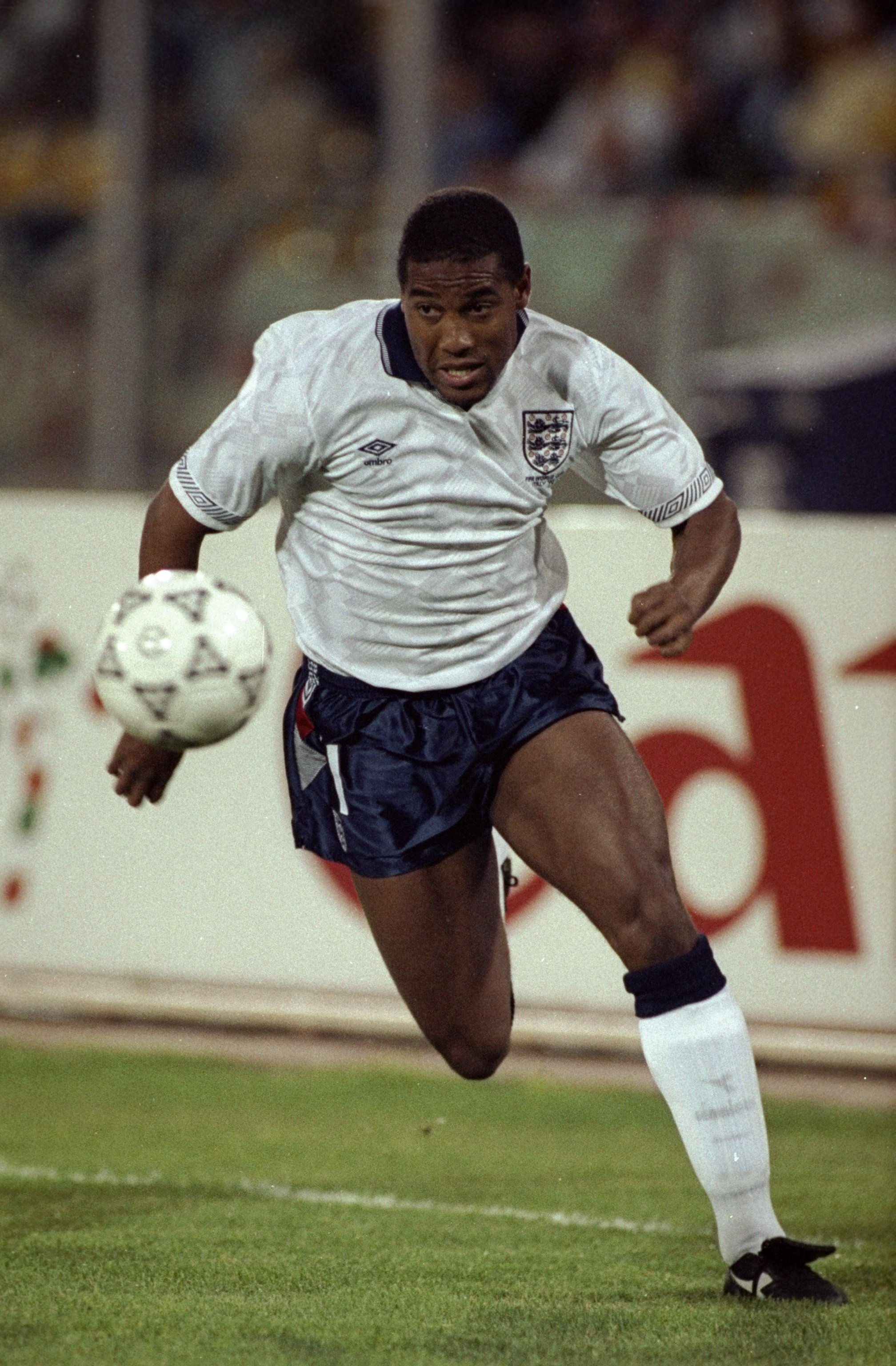 11 Jun 1990:  John Barnes of England in action during the World Cup match against Ireland in Cagliari in Italy. The match ended in a 1-1 draw. \ Mandatory Credit: David  Cannon/Allsport