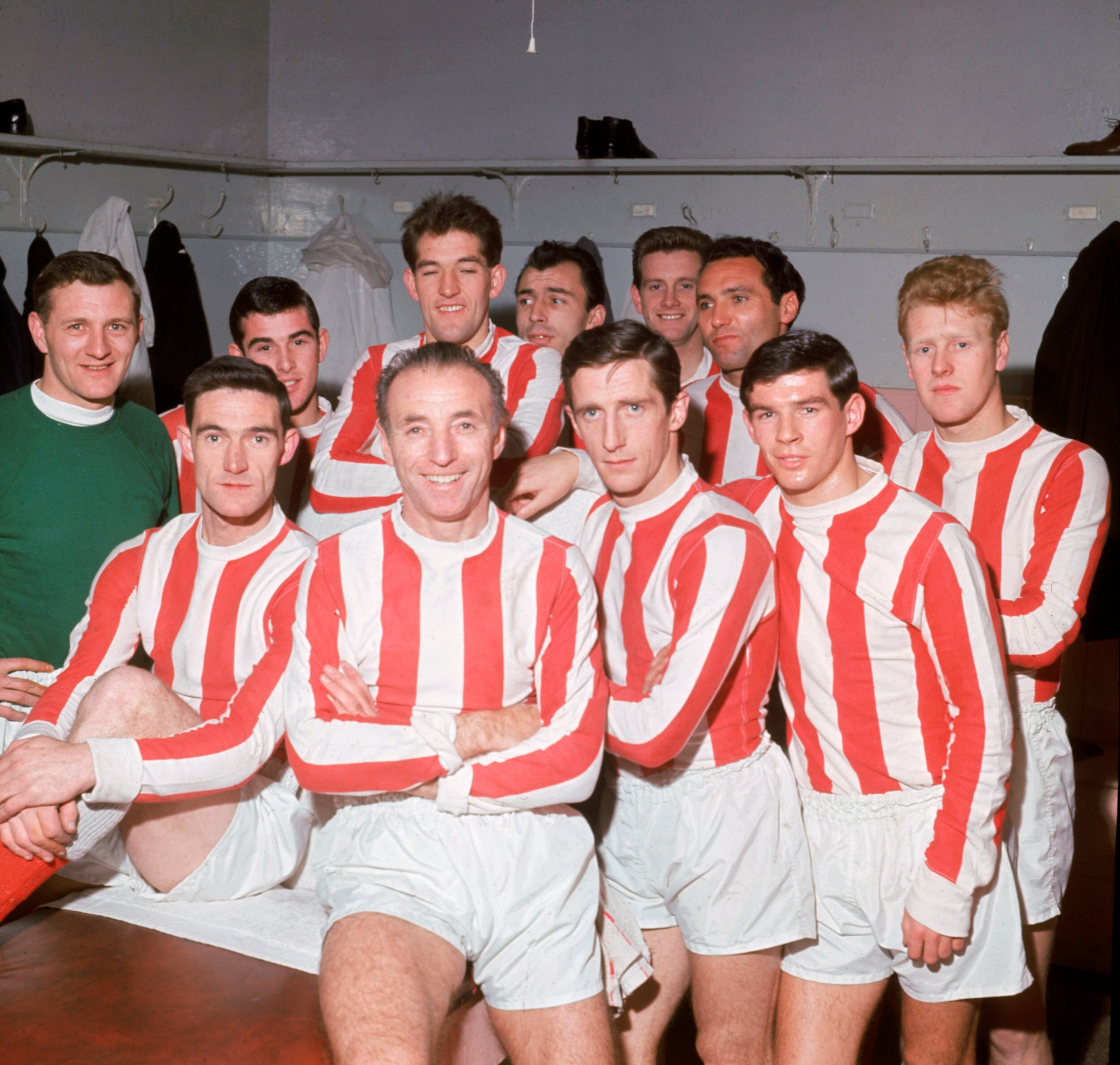 1 Feb 1965:  Stanley Matthews with his Stoke City team mates on his 50th birthday. \ Mandatory Credit:  Don Morley/Allsport