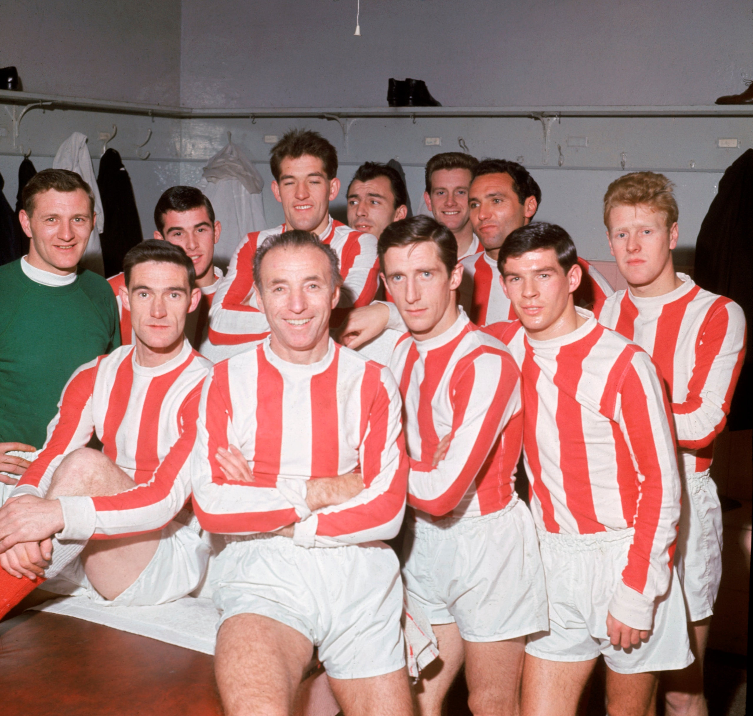 1 Feb 1965:  Stanley Matthews with his Stoke City team mates on his 50th birthday. \ Mandatory Credit:  Don Morley/Allsport