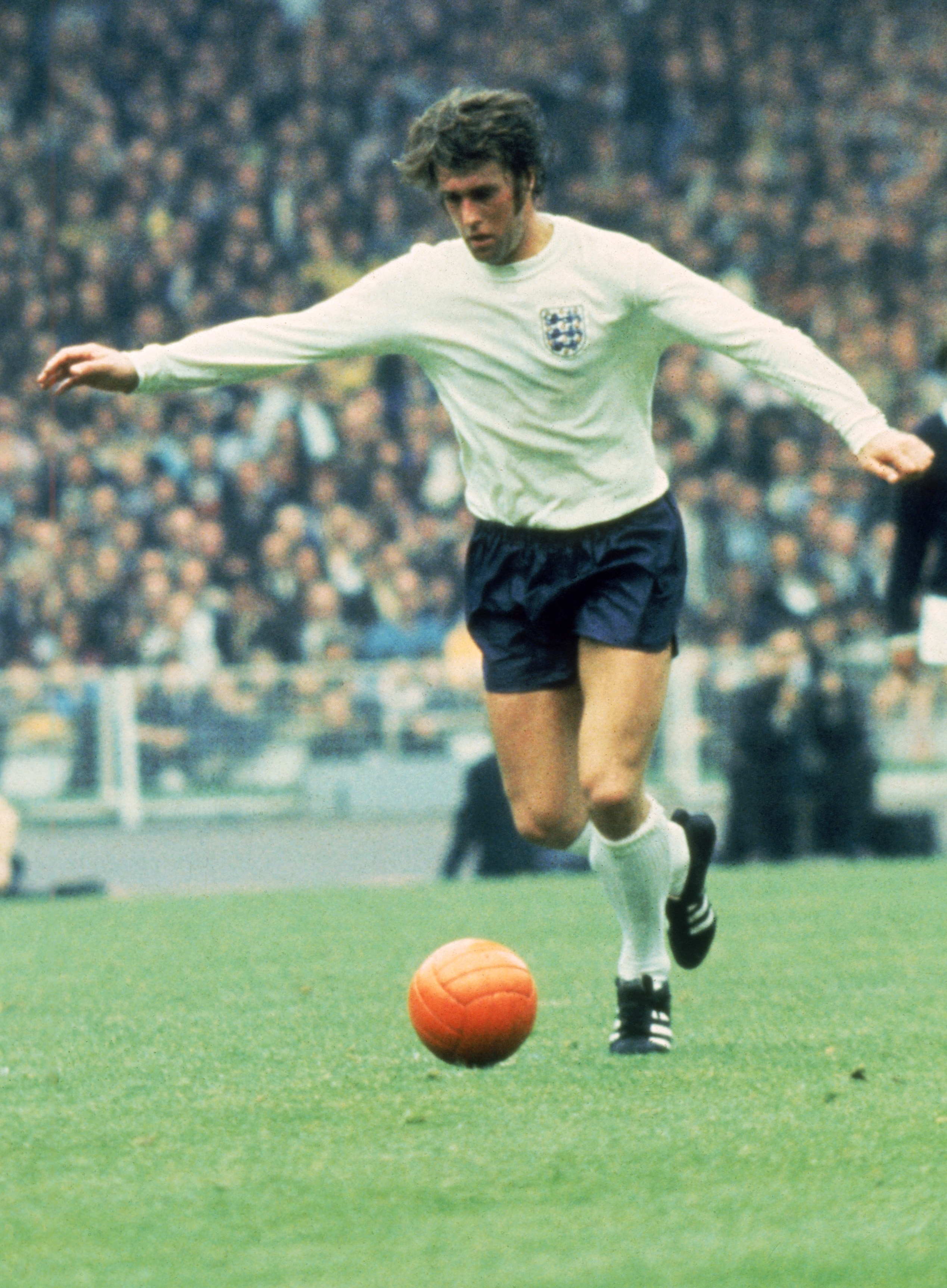 LONDON - APRIL 15:  Geoff Hurst of England runs with the ball during the Home Championship and European Championships Qualifying match between England and Scotland held on April 15, 1967 at Wembley Stadium, in London. Scotland won the match 3-2. (Photo by