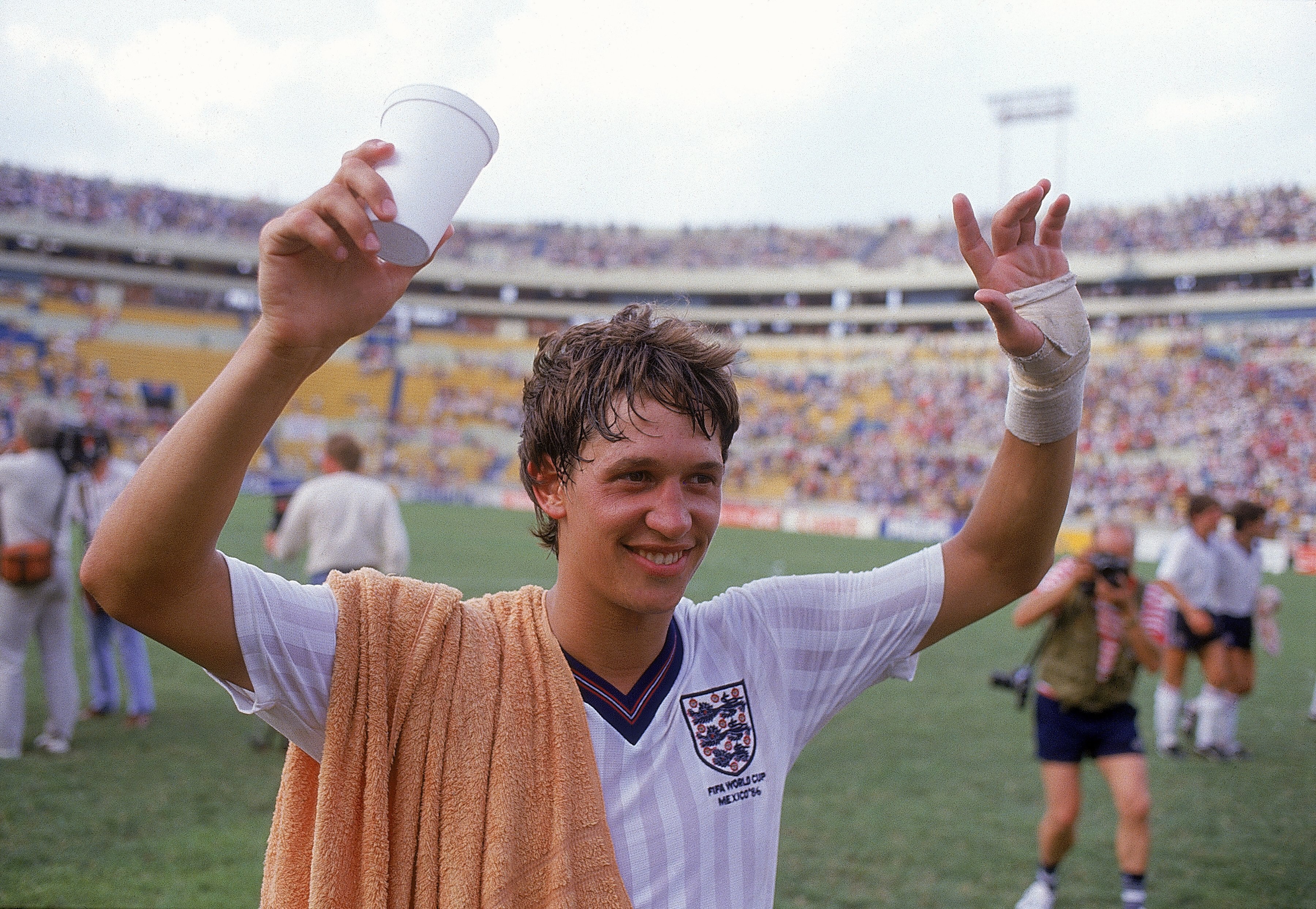 11 Jun 1986:  Gary Lineker of England celebrates his hat-trick following the 3-0 win over Poland in the World Cup played in Monterrey, Mexico. \ Photo by Michael King. \ Mandatory Credit: Allsport UK /Allsport