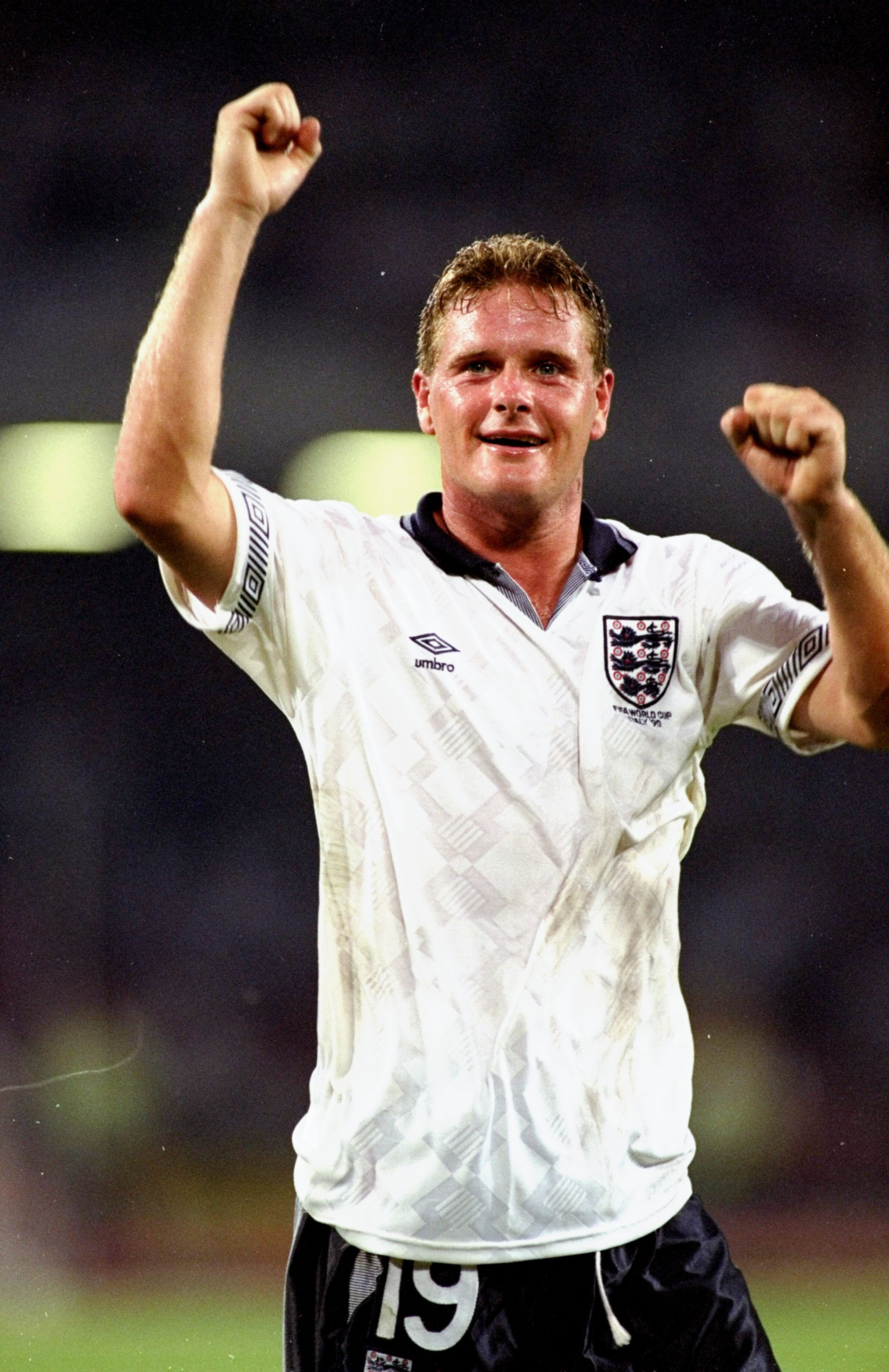 1 Jul 1990: Paul Gascoigne of England celebrates during the World Cup quarter-final against Cameroon at the San Paolo Stadium in Naples, Italy. England won the match 3-2. \ Mandatory Credit: David Cannon/Allsport 1 Jul 1990: Paul Gascoigne of England celebrates during the World Cup quarter-final against Cameroon at the San Paolo Stadium in Naples, Italy. England won the match 3-2. \ Mandatory Credit: David Cannon/Allsport