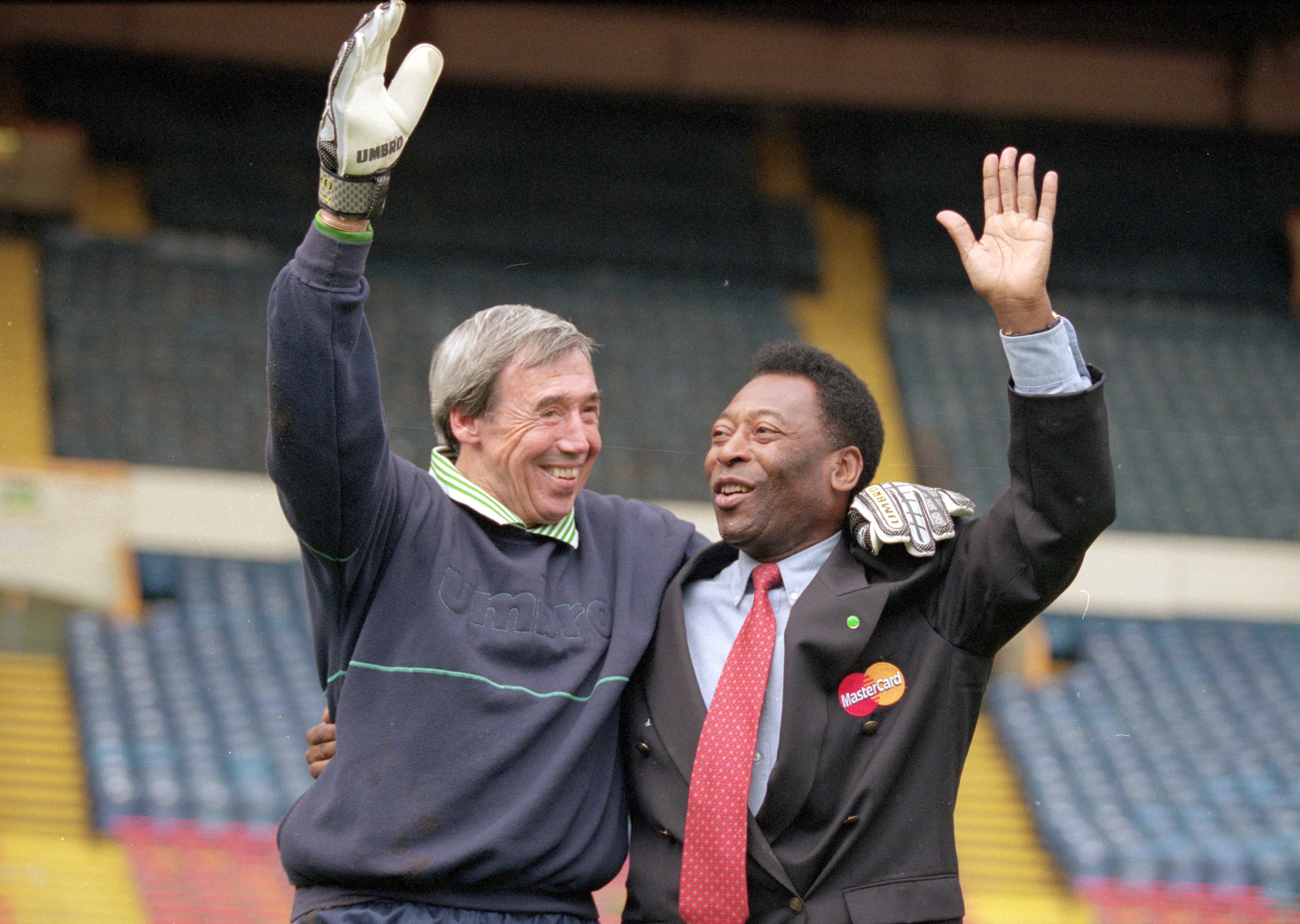 31 Oct 2000:  Pele and Gordon Banks during an AXA photocall at Wembley in London. \ Mandatory Credit: Clive Mason /Allsport