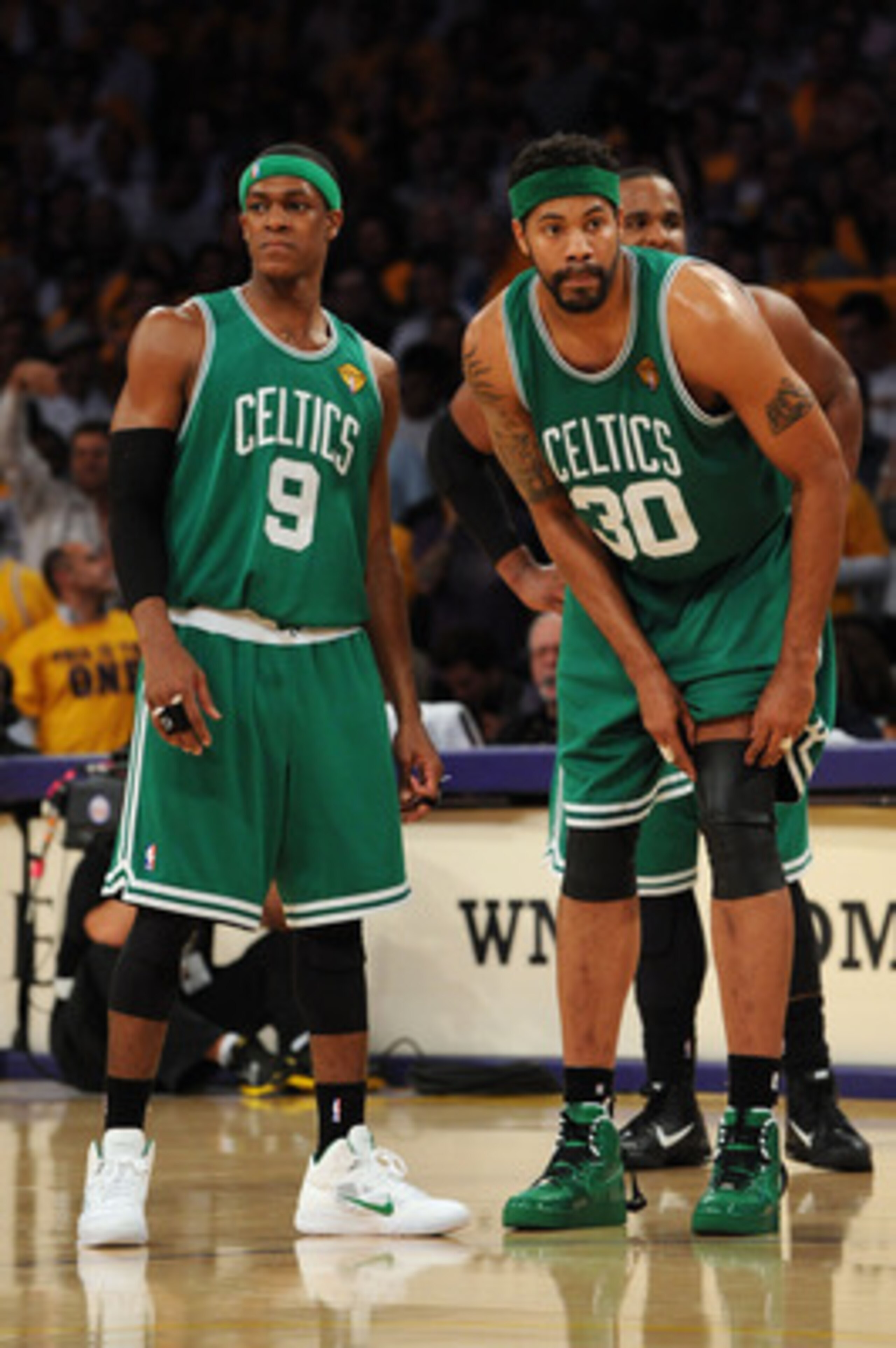 LOS ANGELES, CA - JUNE 03:  (L-R) Rajon Rondo #9 and Rasheed Wallace #30 of the Boston Celtics look on in the second half against the Los Angeles Lakers in Game One of the 2010 NBA Finals at Staples Center on June 3, 2010 in Los Angeles, California.  NOTE